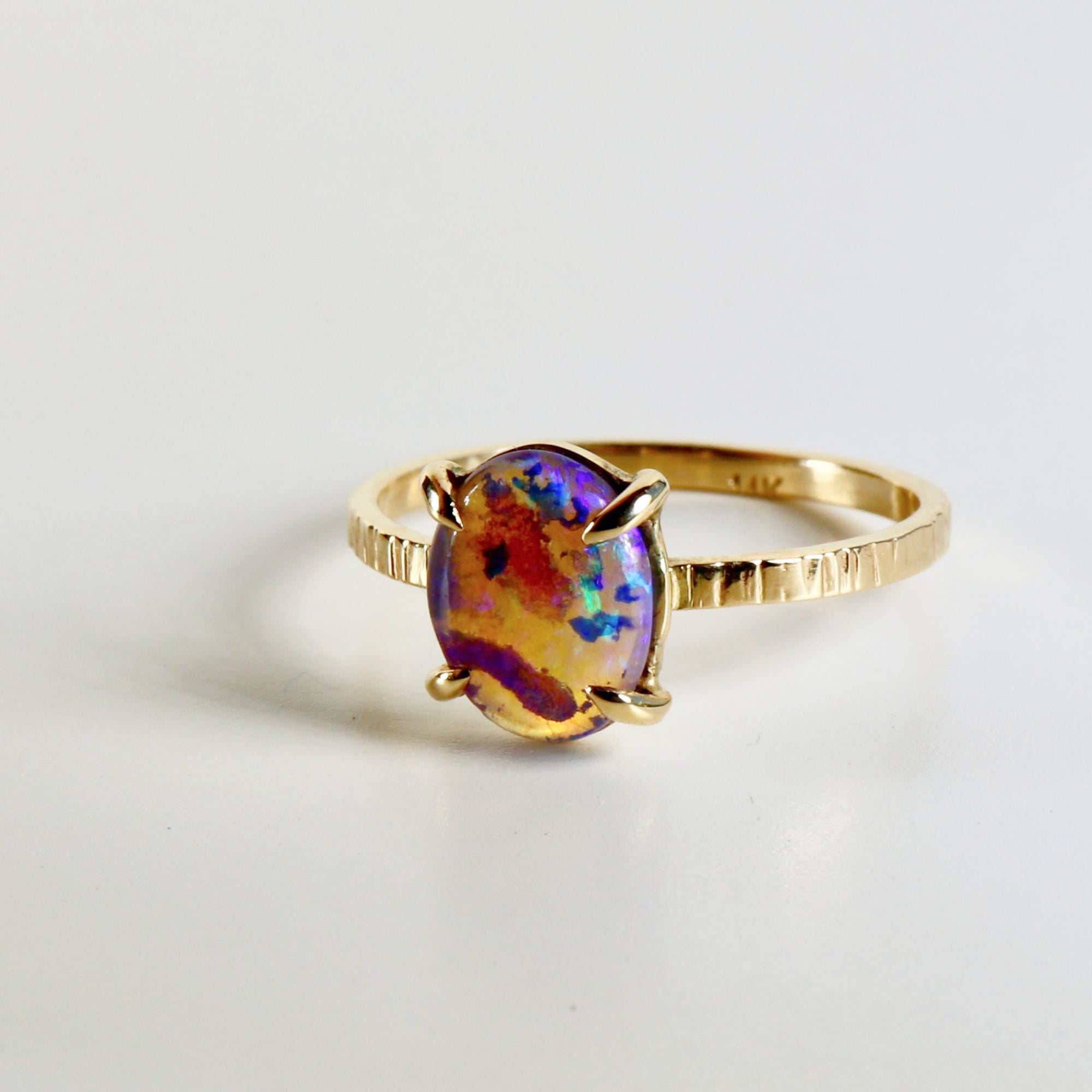 Natural Purple Australian Opal Ring 14k Solid Gold, Handmade Opal Jewelry, October Birthstone Ring, Unique Birthday Gift for Wife