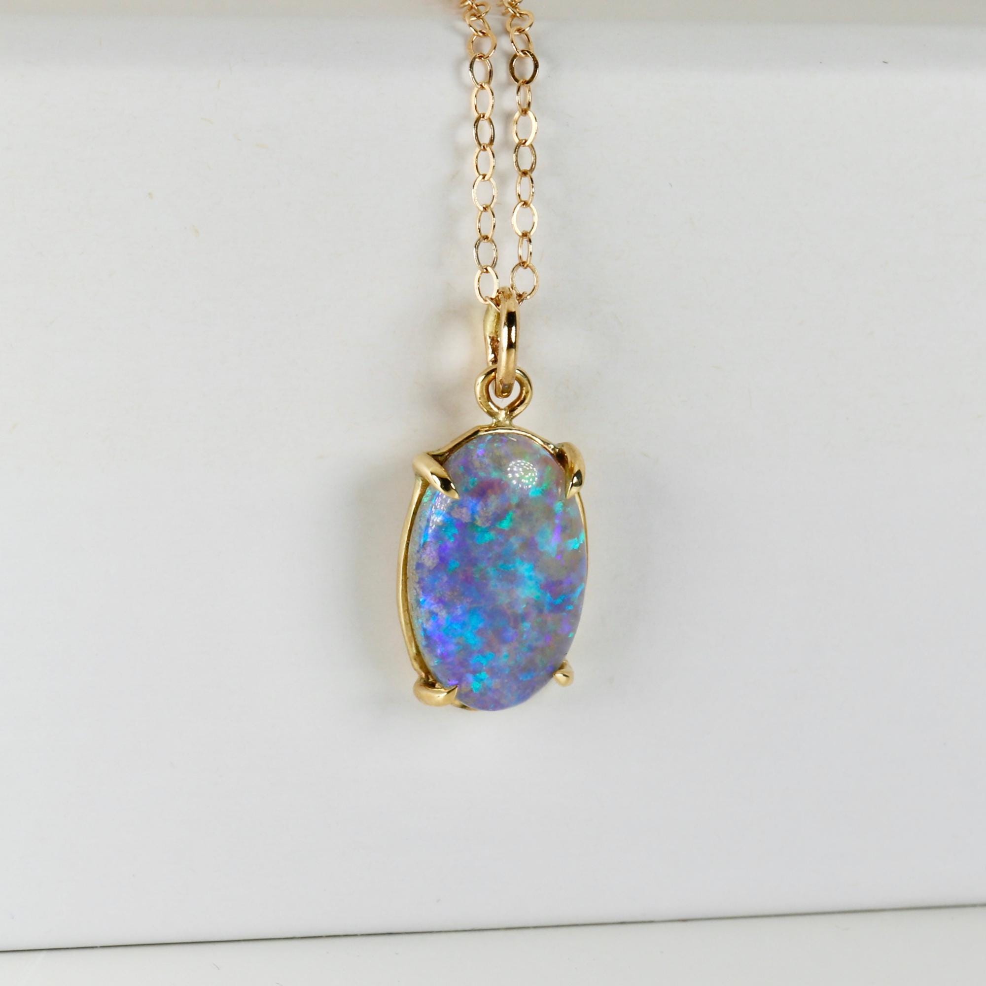 Boulder Opal Necklace 14k Solid Gold, Australian Blue Green Fire Opal Pendant, October Birthstone Jewelry, Unique Gift for Wife