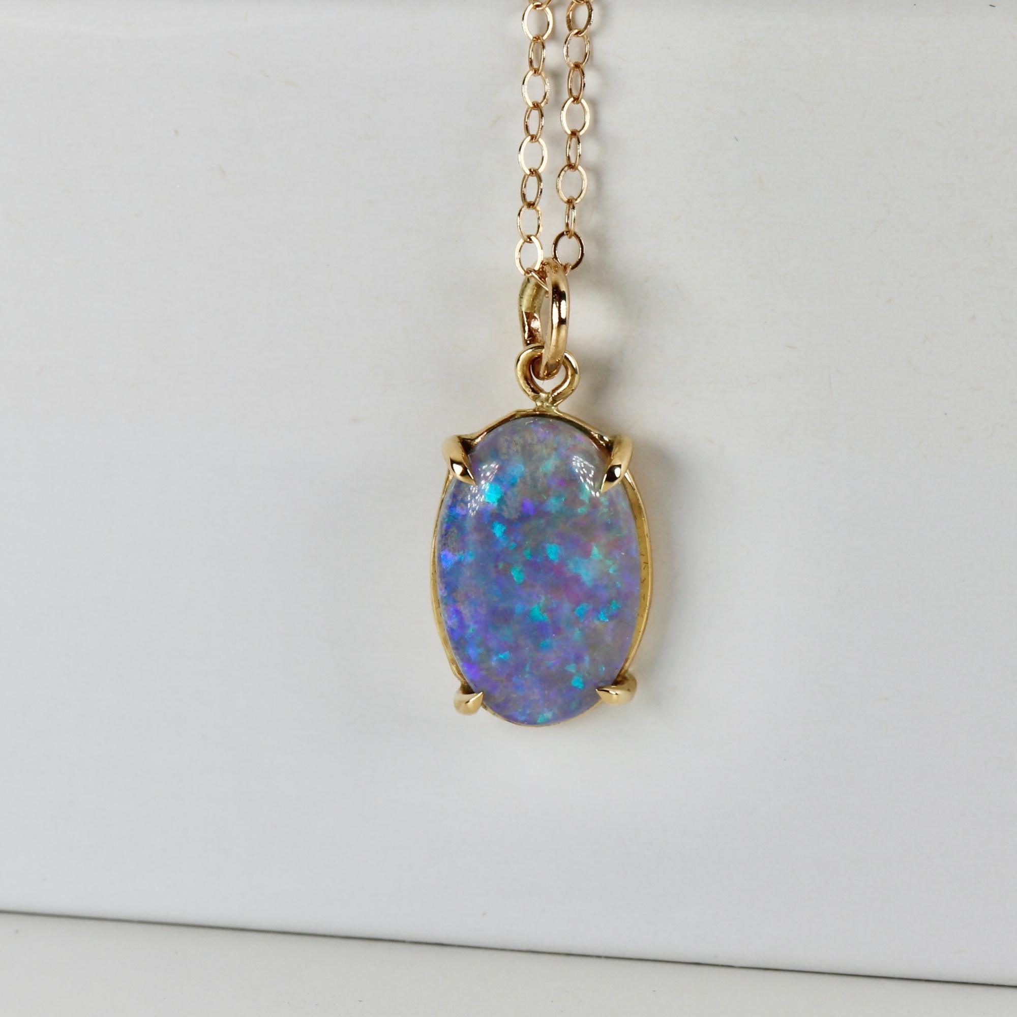 Boulder Opal Necklace 14k Solid Gold, Australian Blue Green Fire Opal Pendant, October Birthstone Jewelry, Unique Gift for Wife
