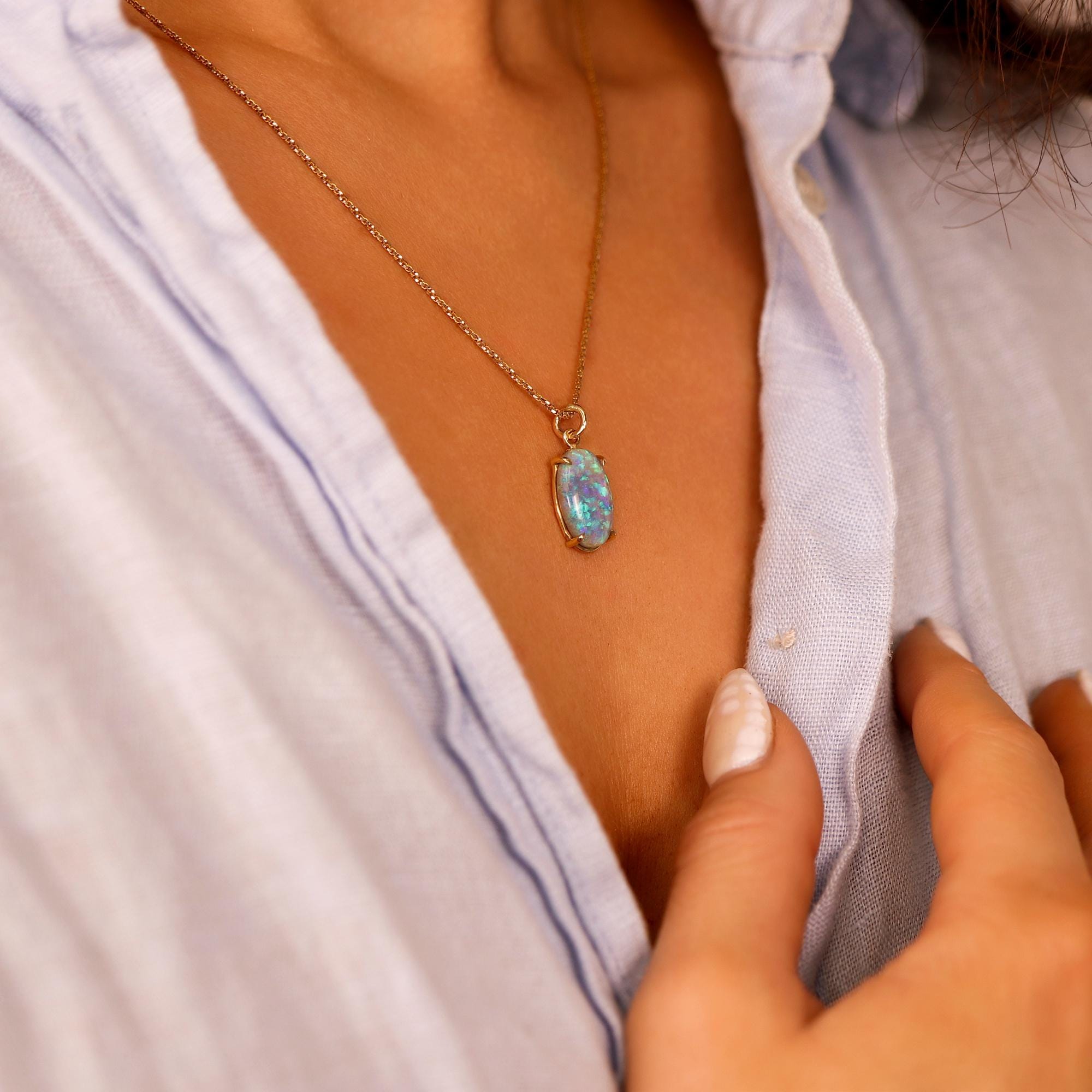 Boulder Opal Necklace 14k Solid Gold, Australian Blue Green Fire Opal Pendant, October Birthstone Jewelry, Unique Gift for Wife