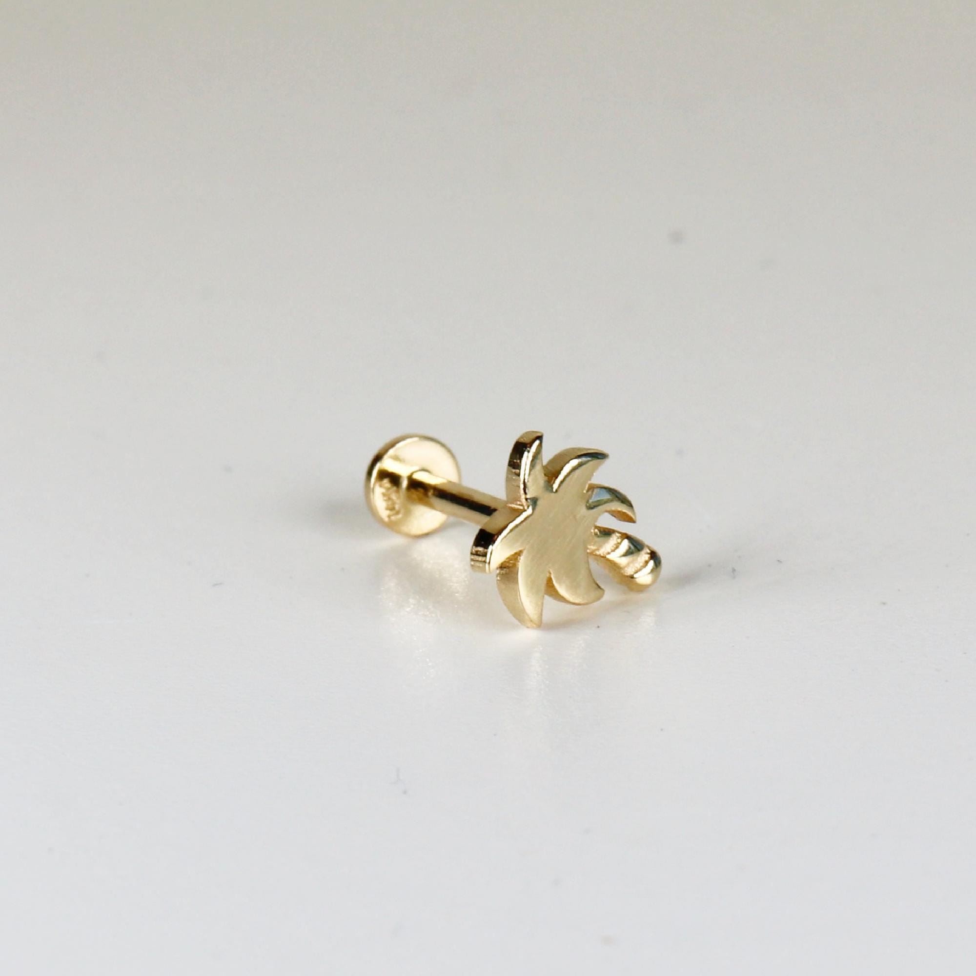 Tiny Palm Tree Flat Back Earrings (5 mm) 14k Solid Gold - Melt'm Jewelry