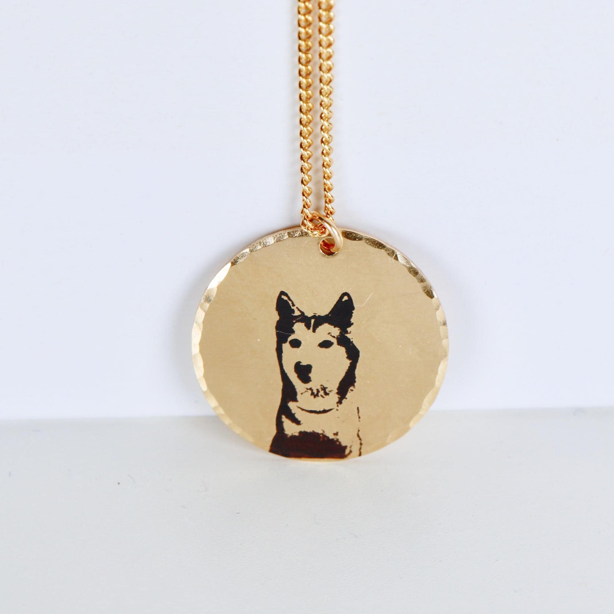 Gold filled round coin necklace engraved with a detailed photo portrait of a pet. Shown on a white background