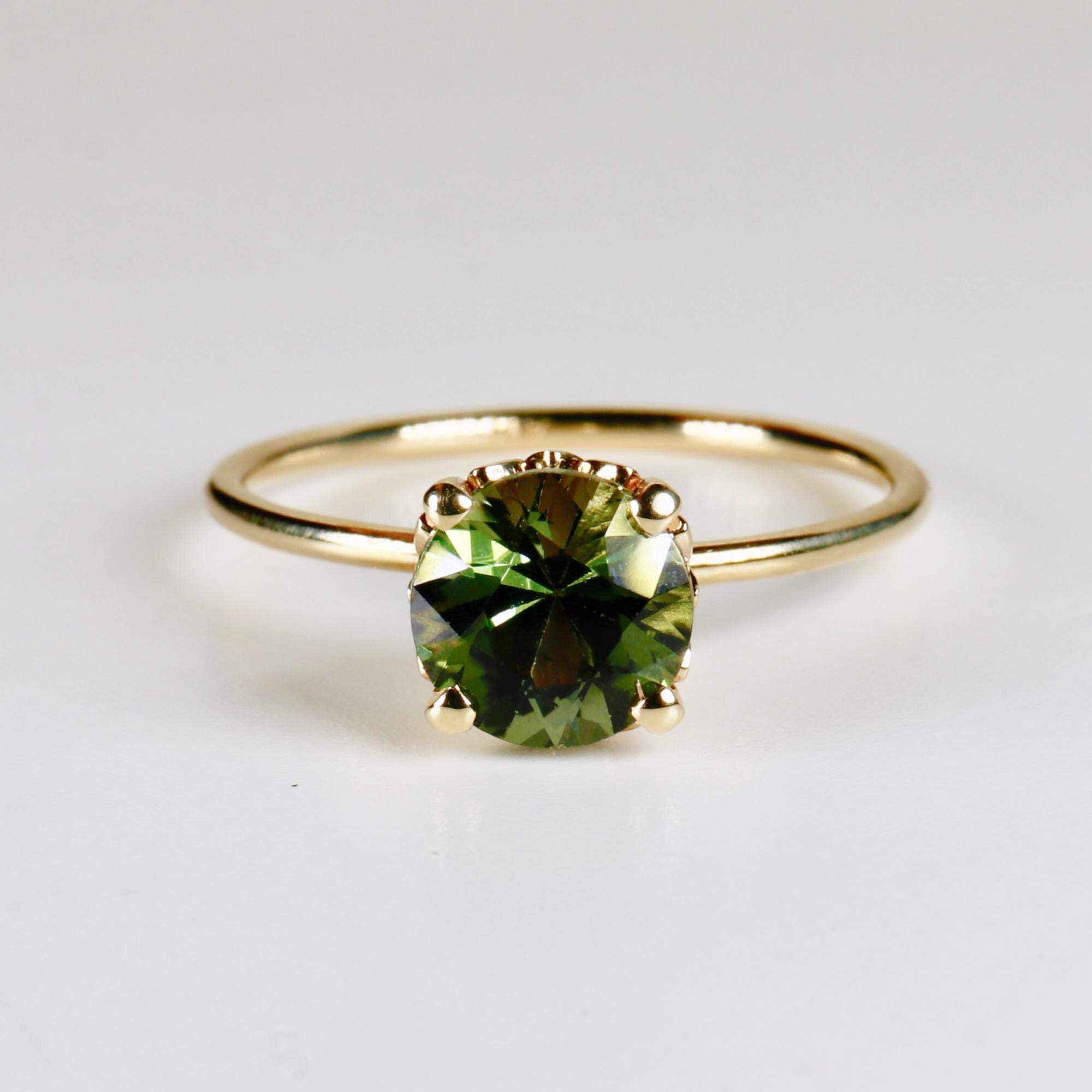 Olive Green Tourmaline Engagement Ring – Round Cut Gemstone in Tulip Setting, 14k Solid Gold, Unique Anniversary or Bridal Ring