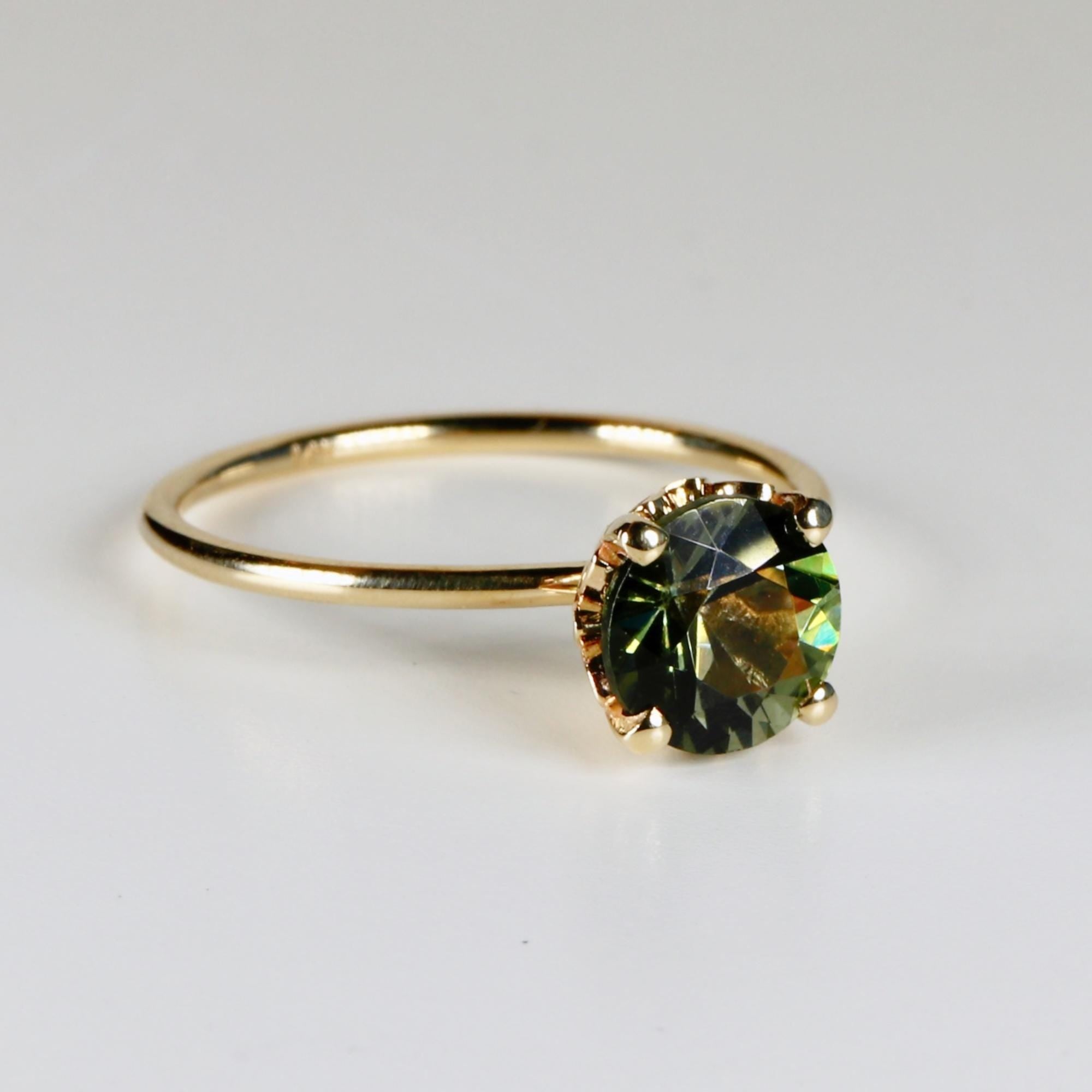 Olive Green Tourmaline Engagement Ring – Round Cut Gemstone in Tulip Setting, 14k Solid Gold, Unique Anniversary or Bridal Ring