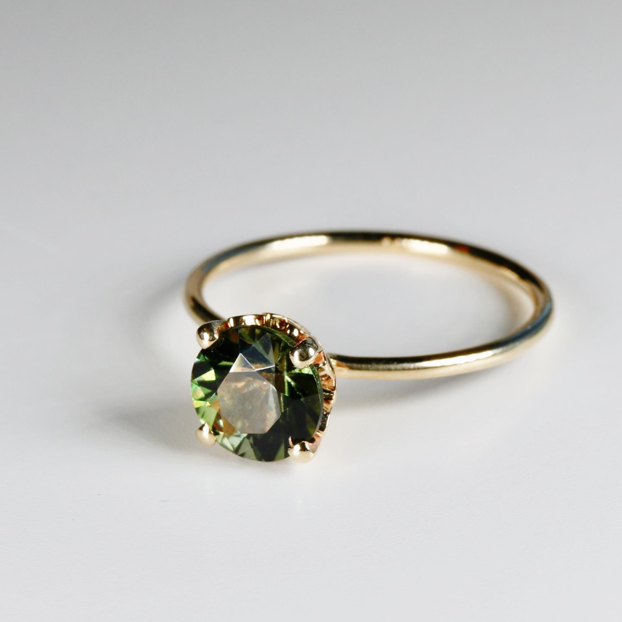 Olive Green Tourmaline Engagement Ring – Round Cut Gemstone in Tulip Setting, 14k Solid Gold, Unique Anniversary or Bridal Ring