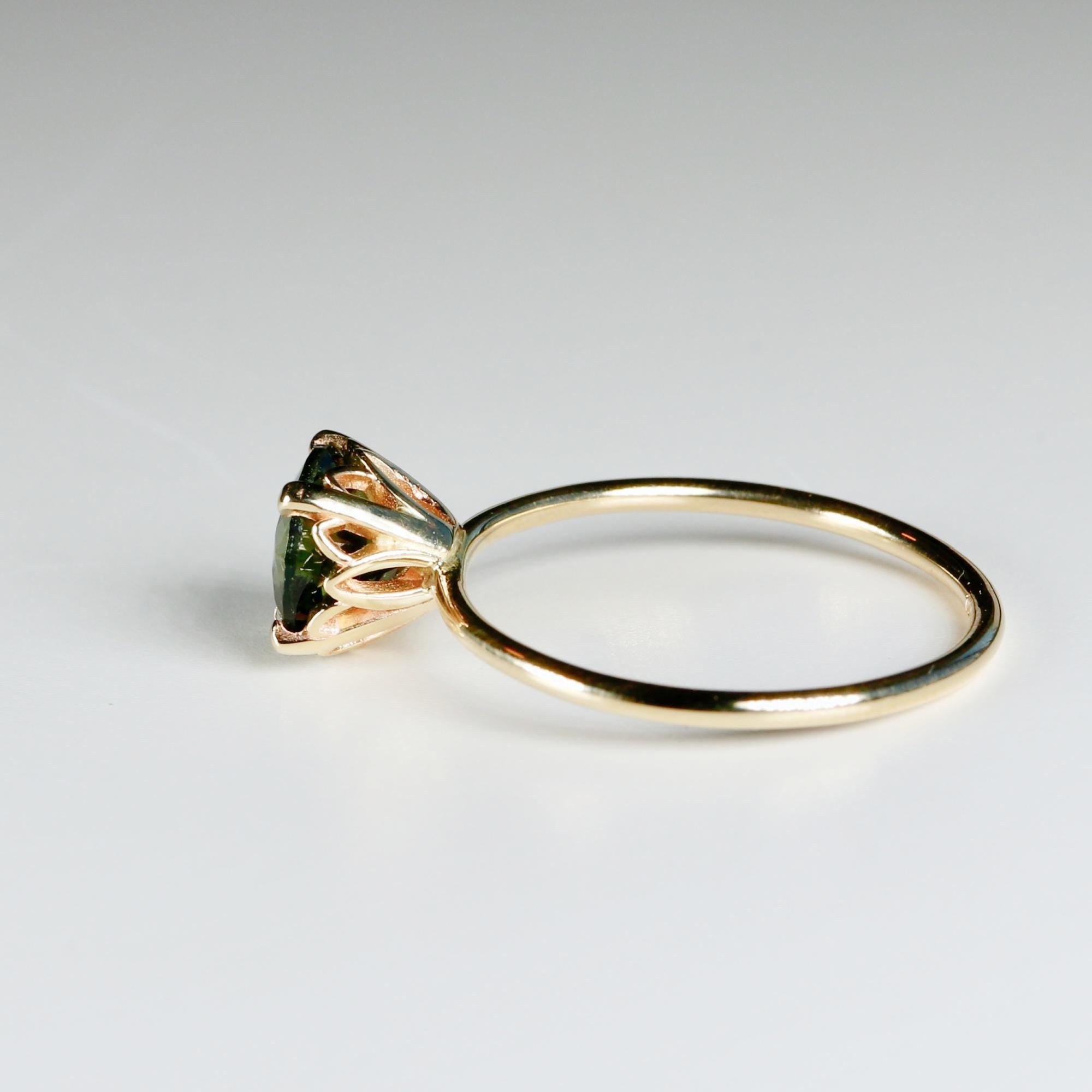 Olive Green Tourmaline Engagement Ring – Round Cut Gemstone in Tulip Setting, 14k Solid Gold, Unique Anniversary or Bridal Ring