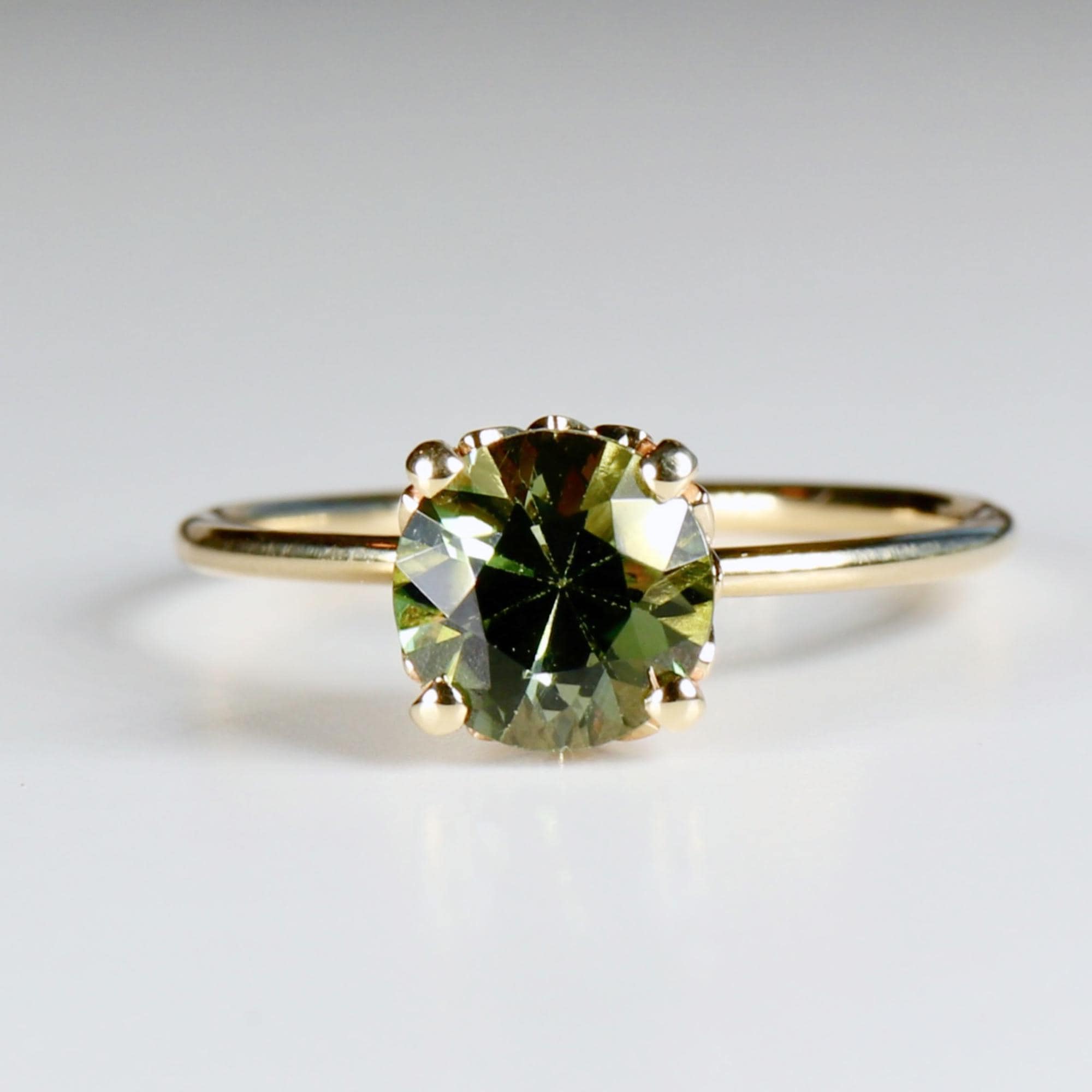 Olive Green Tourmaline Engagement Ring – Round Cut Gemstone in Tulip Setting, 14k Solid Gold, Unique Anniversary or Bridal Ring