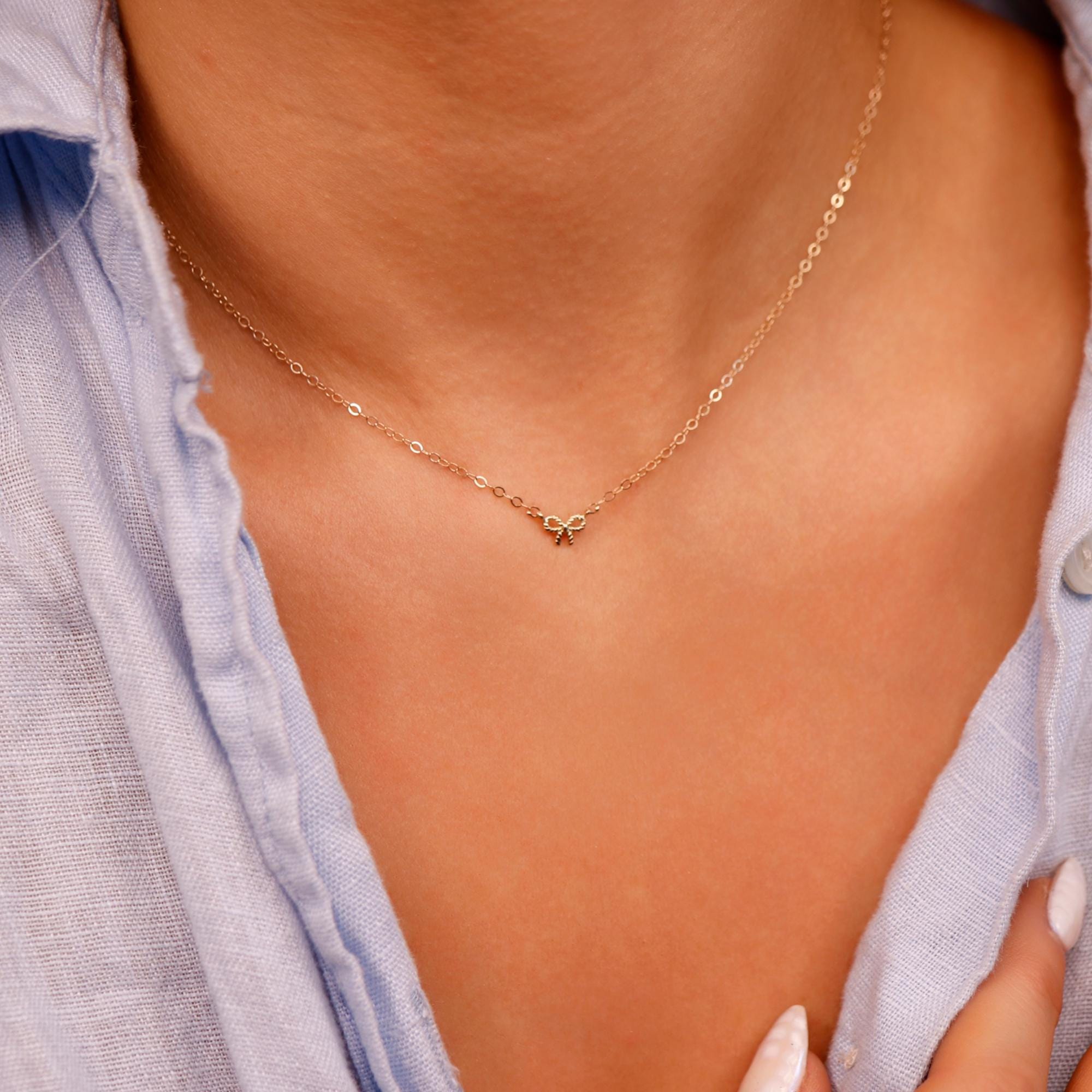 Tiny Bow Necklace 14k Solid Gold, Dainty Twisted Ribbon Charm Necklace, Minimalist Jewelry Gift, Delicate Necklace for Her