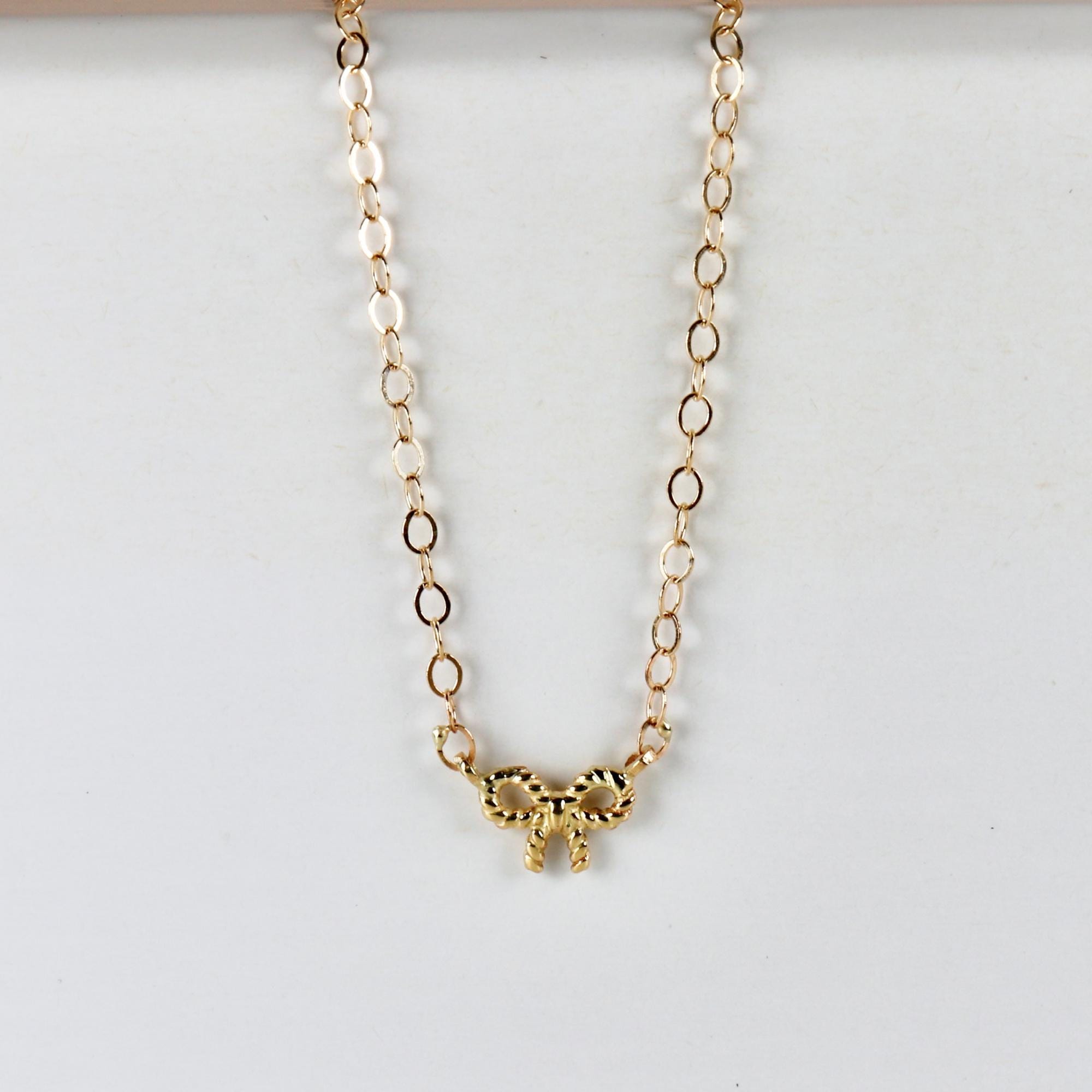 Tiny Bow Necklace 14k Solid Gold, Dainty Twisted Ribbon Charm Necklace, Minimalist Jewelry Gift, Delicate Necklace for Her