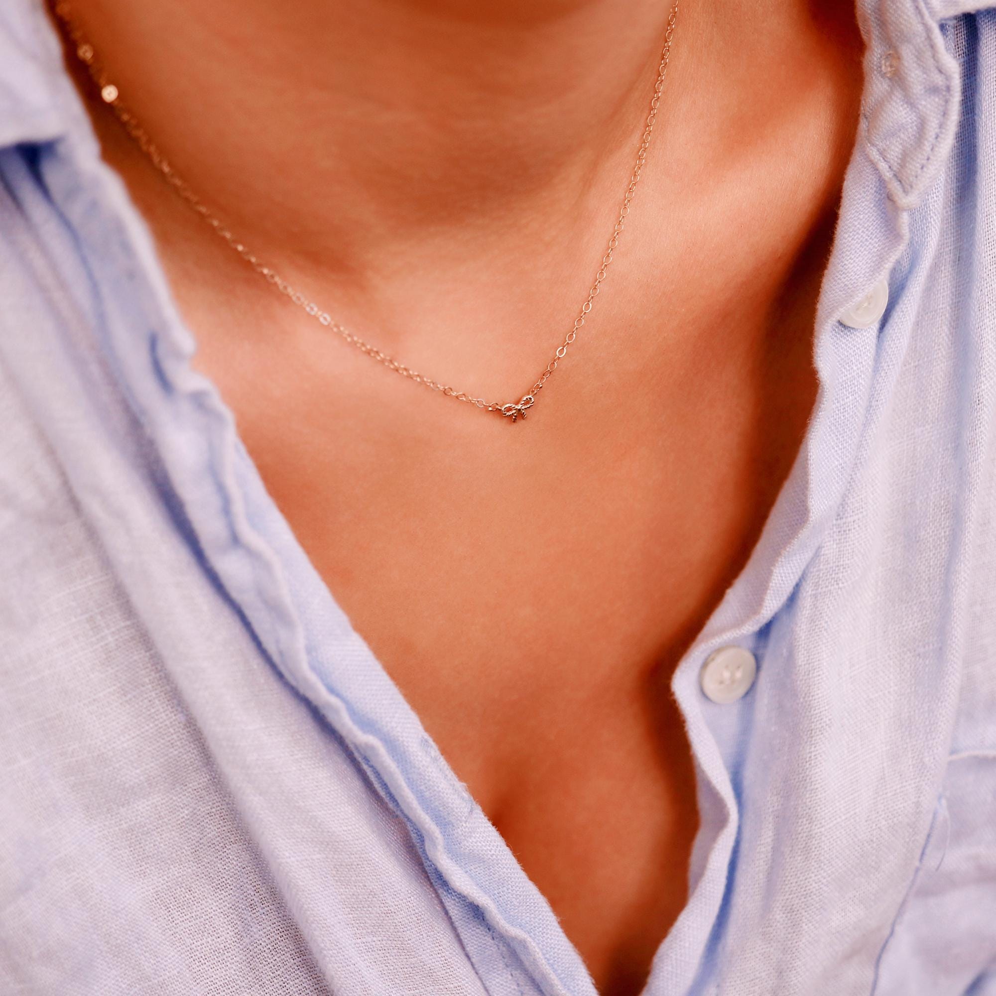 Tiny Bow Necklace 14k Solid Gold, Dainty Twisted Ribbon Charm Necklace, Minimalist Jewelry Gift, Delicate Necklace for Her