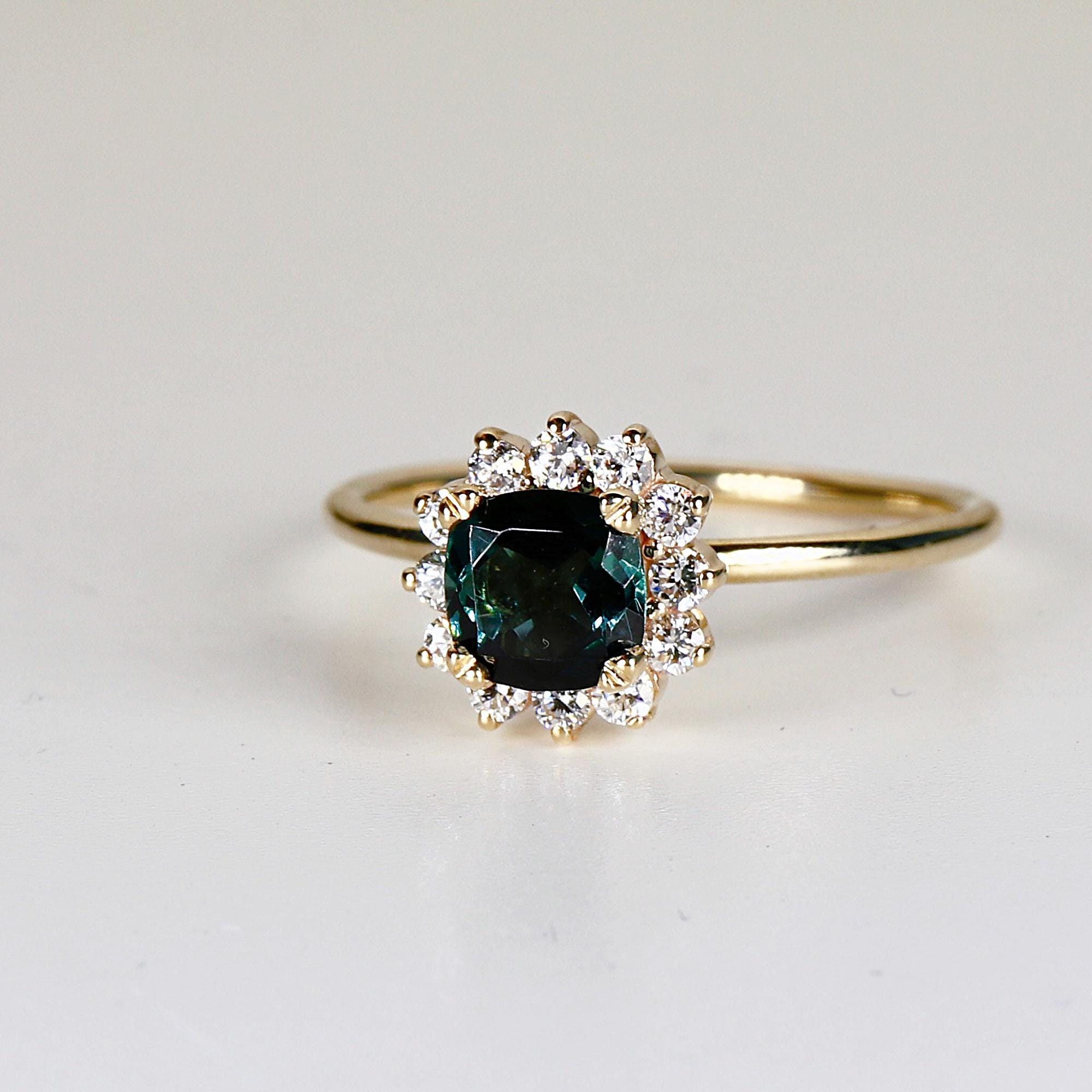 Cushion Cut Indicolite Tourmaline Ring 10k Gold, Lab Diamond Halo Ring, Handmade Engagement Ring for Bride, Gift for Wife