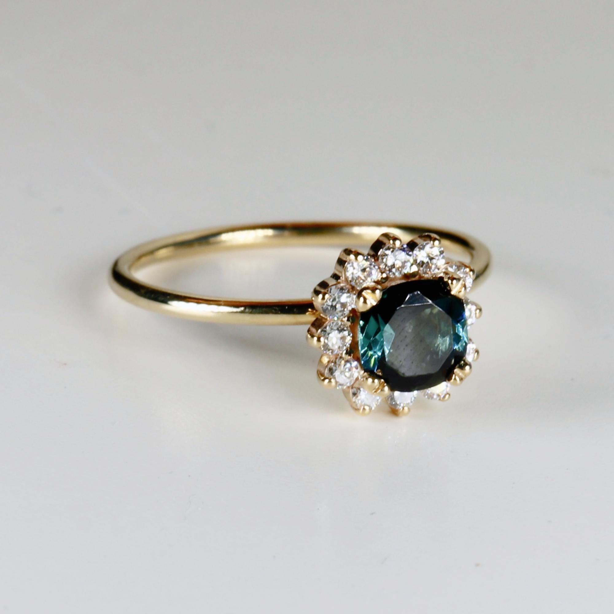 Cushion Cut Indicolite Tourmaline Ring 10k Gold, Lab Diamond Halo Ring, Handmade Engagement Ring for Bride, Gift for Wife