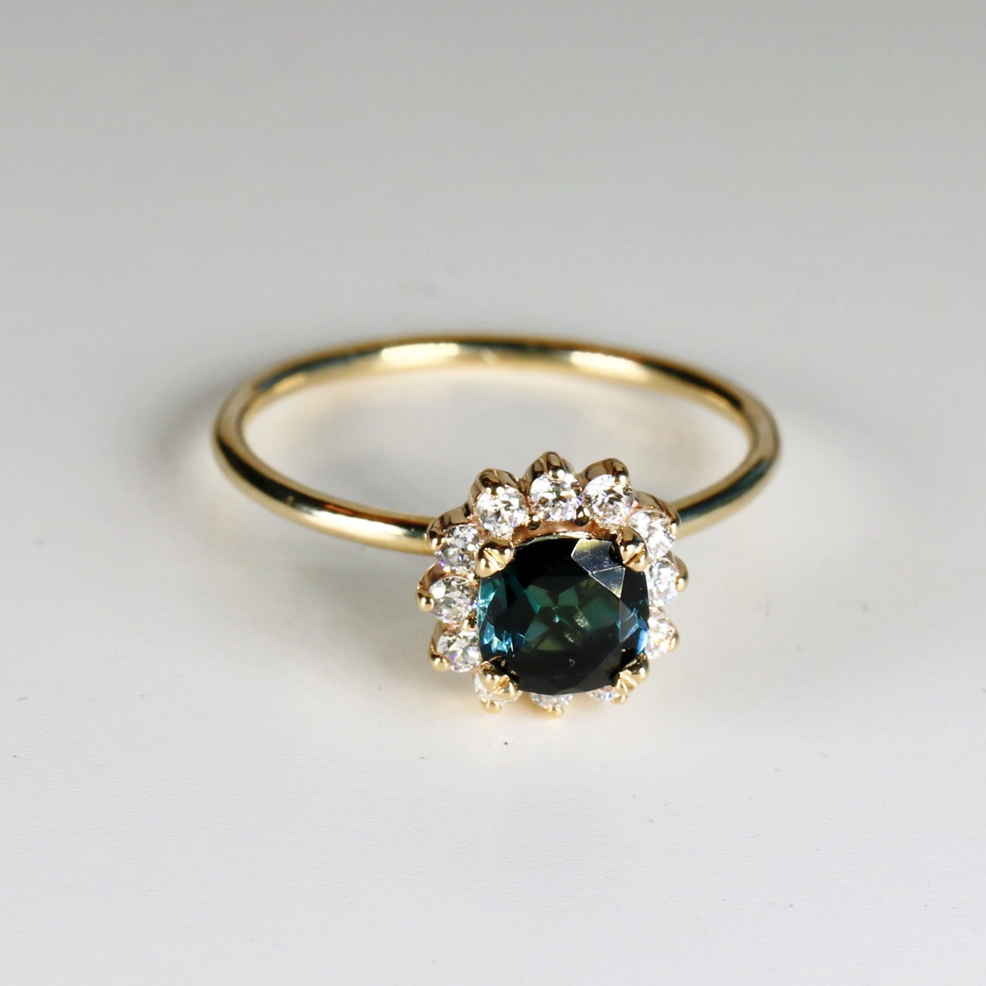 Cushion Cut Indicolite Tourmaline Ring 10k Gold, Lab Diamond Halo Ring, Handmade Engagement Ring for Bride, Gift for Wife