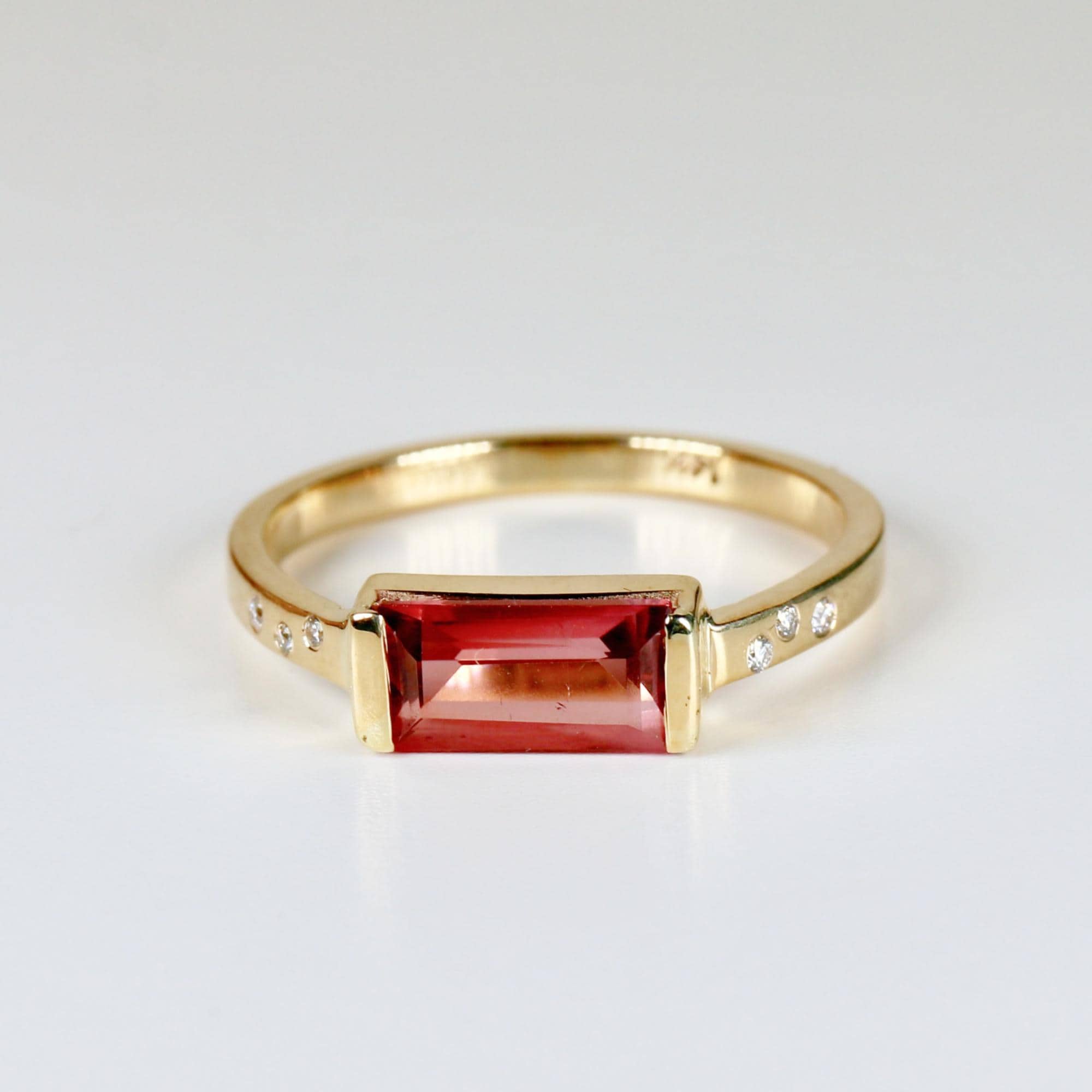 Baguette Pink Tourmaline Ring 14k Gold, October Birthstone Ring, Tourmaline Engagement Ring, Art Deco Diamond Band, Gift for Her