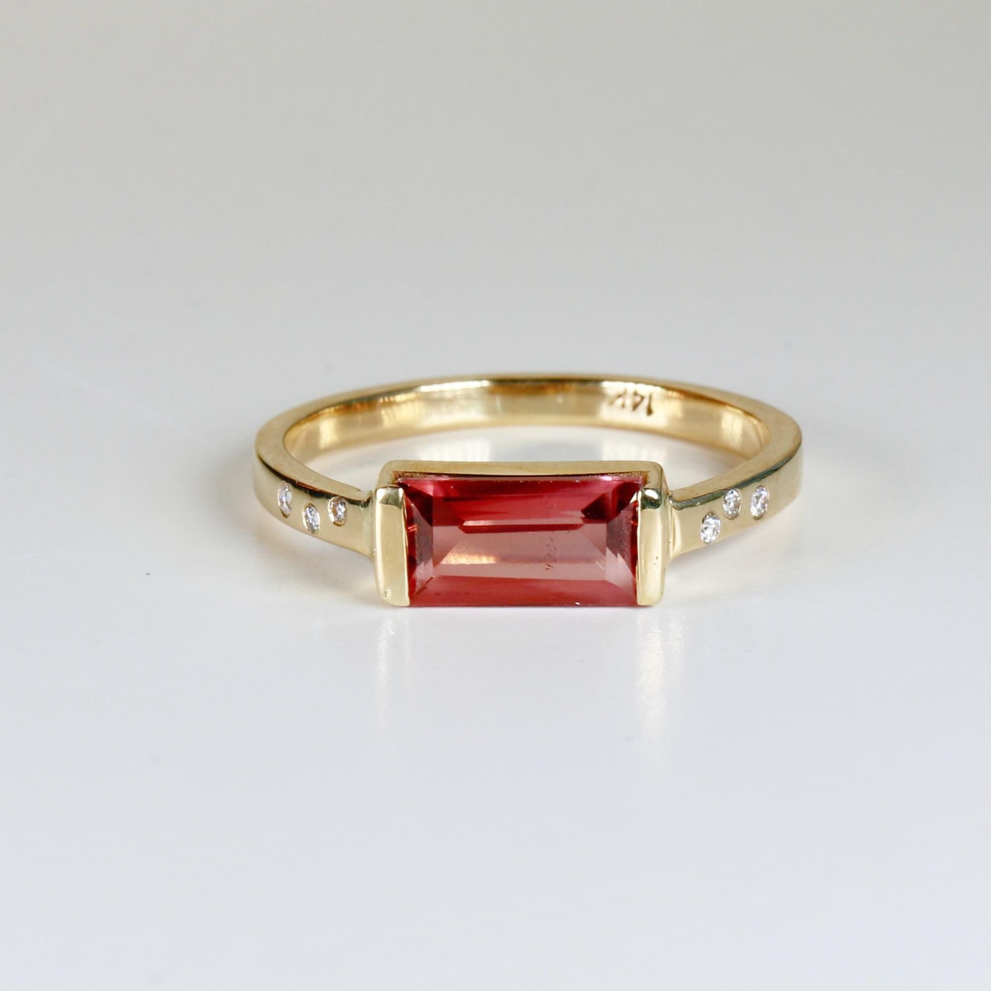 Baguette Pink Tourmaline Ring 14k Gold, October Birthstone Ring, Tourmaline Engagement Ring, Art Deco Diamond Band, Gift for Her