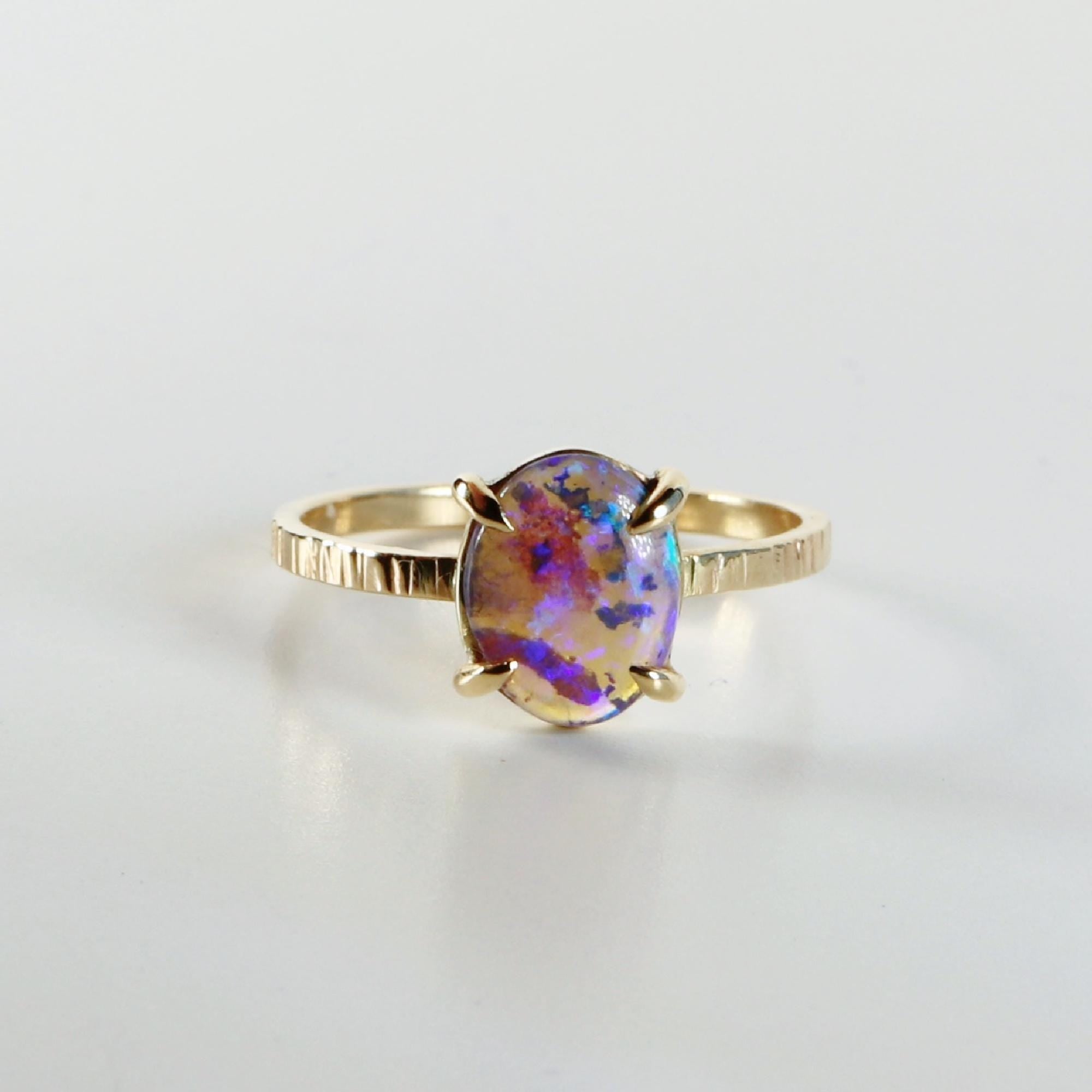 Natural Purple Australian Opal Ring 14k Solid Gold, Handmade Opal Jewelry, October Birthstone Ring, Unique Birthday Gift for Wife