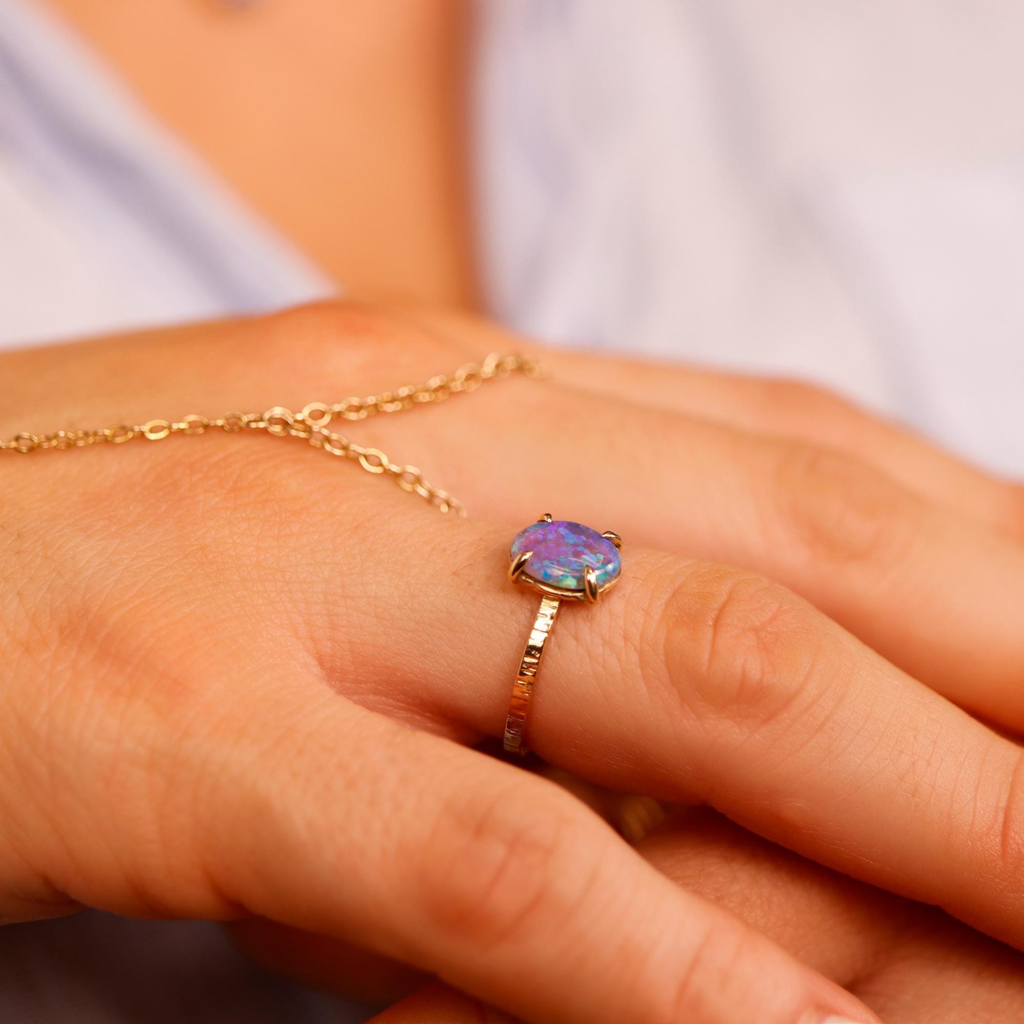 Natural Purple Australian Opal Ring 14k Solid Gold, Handmade Opal Jewelry, October Birthstone Ring, Unique Birthday Gift for Wife