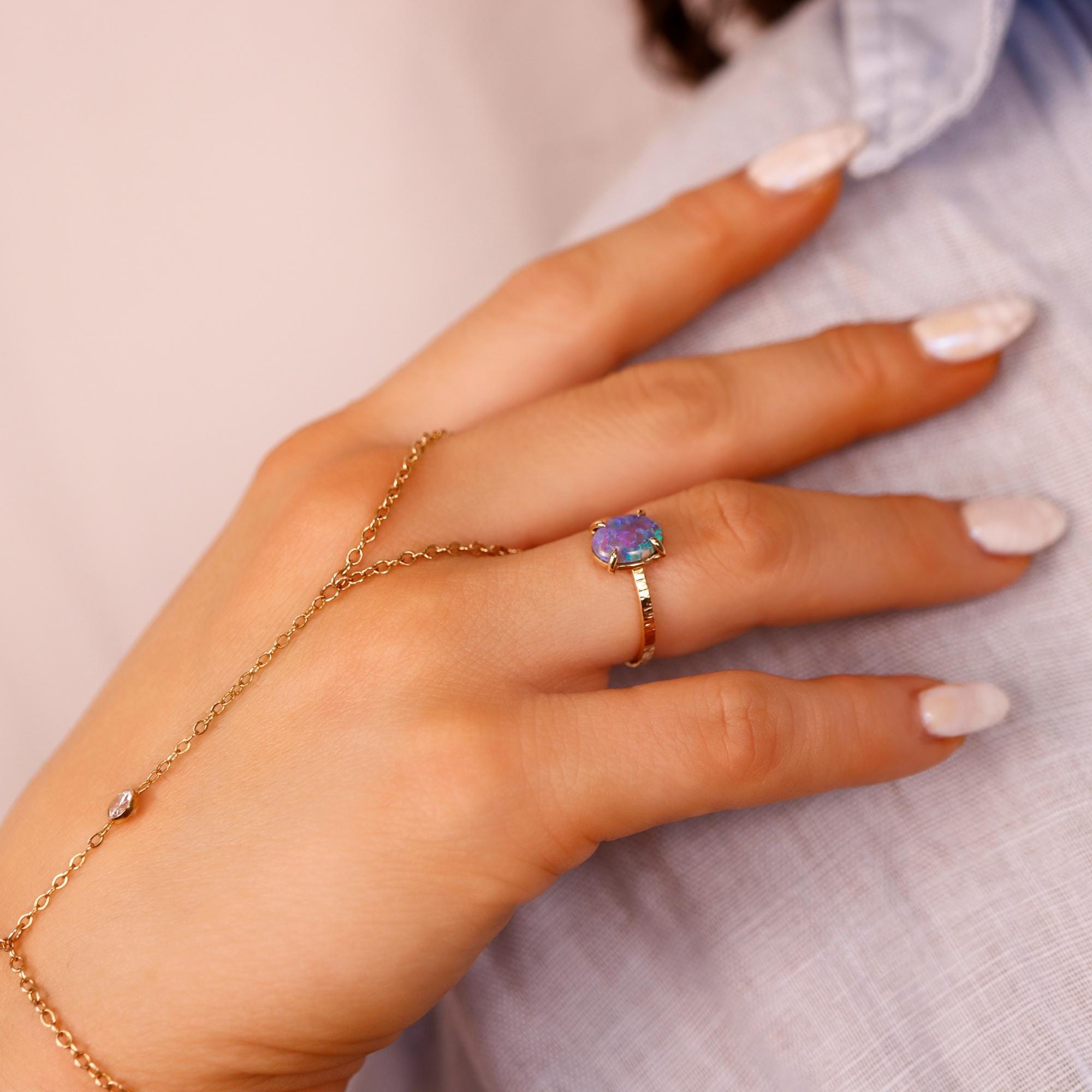 Natural Purple Australian Opal Ring 14k Solid Gold, Handmade Opal Jewelry, October Birthstone Ring, Unique Birthday Gift for Wife