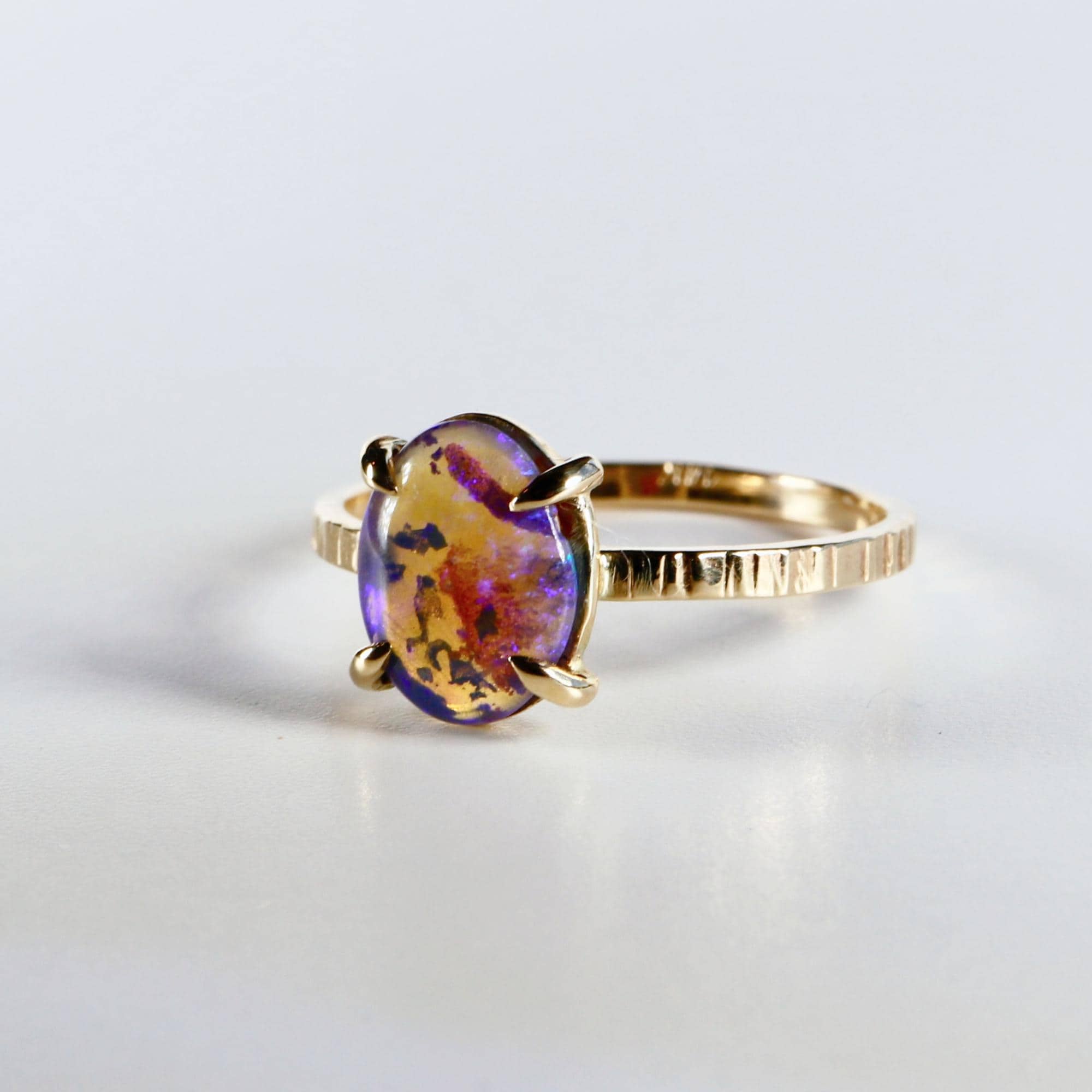 Natural Purple Australian Opal Ring 14k Solid Gold, Handmade Opal Jewelry, October Birthstone Ring, Unique Birthday Gift for Wife