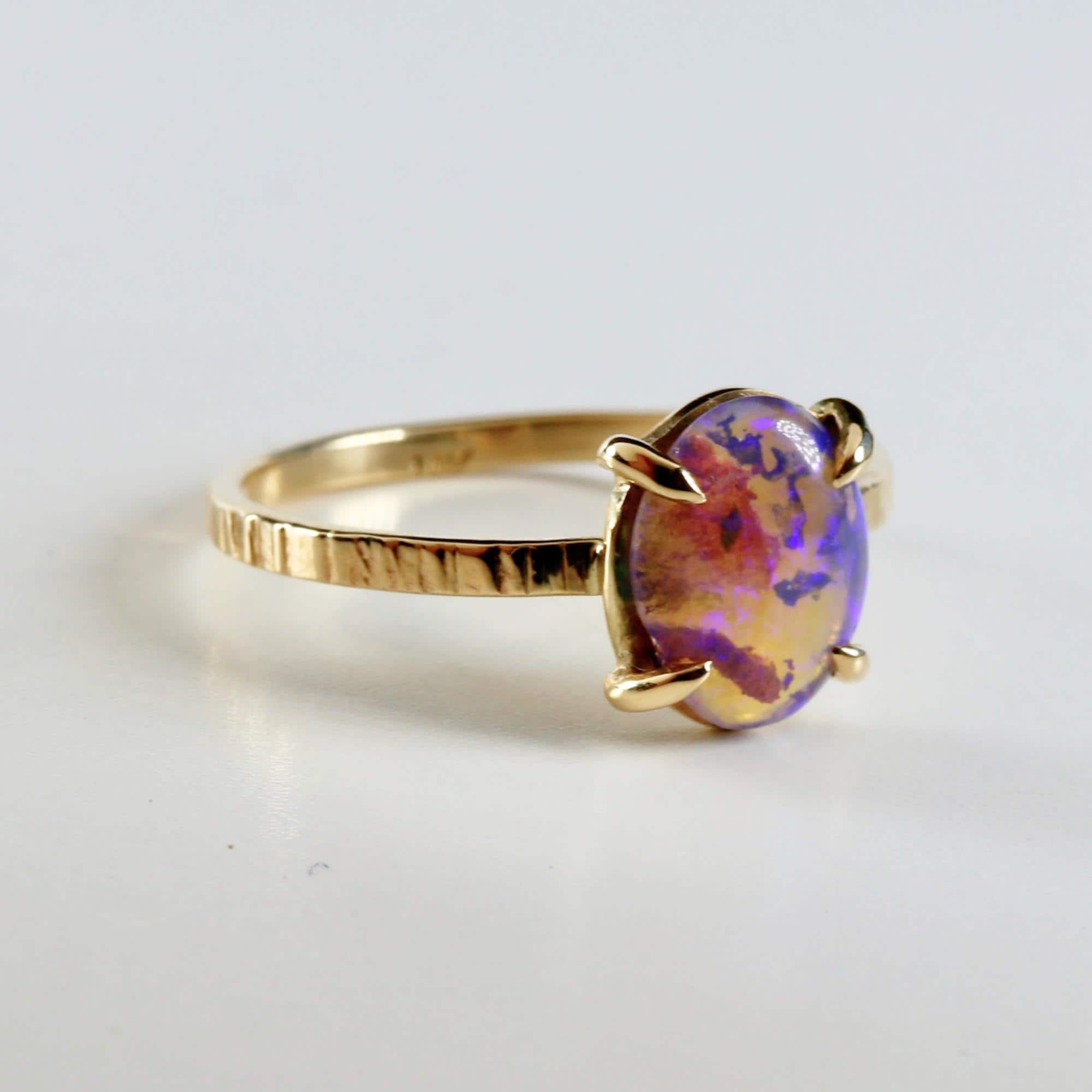 Natural Purple Australian Opal Ring 14k Solid Gold, Handmade Opal Jewelry, October Birthstone Ring, Unique Birthday Gift for Wife