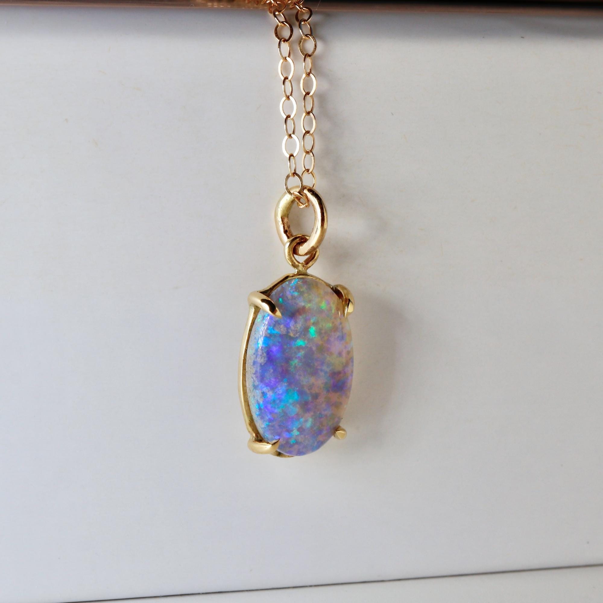 Boulder Opal Necklace 14k Solid Gold, Australian Blue Green Fire Opal Pendant, October Birthstone Jewelry, Unique Gift for Wife