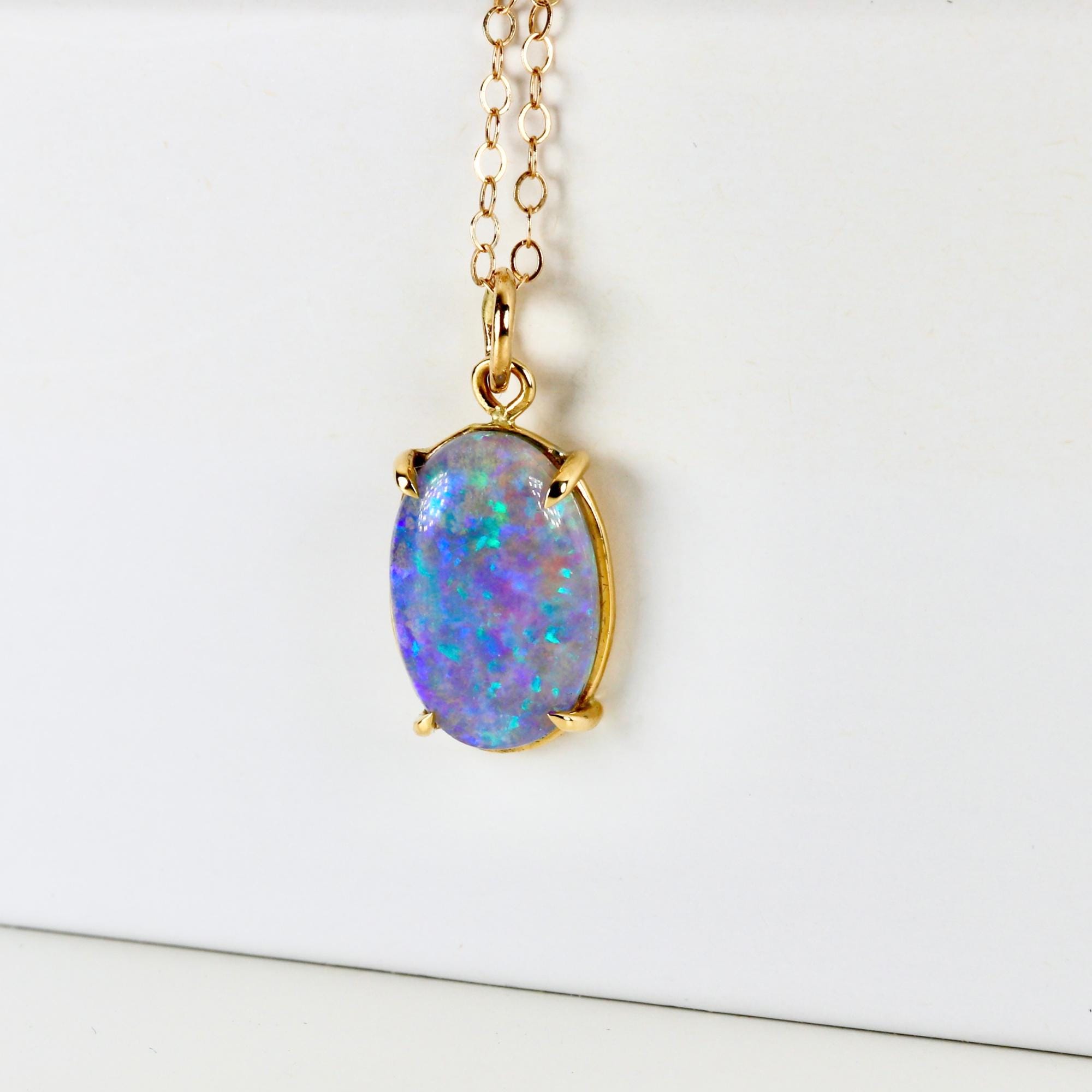 Boulder Opal Necklace 14k Solid Gold, Australian Blue Green Fire Opal Pendant, October Birthstone Jewelry, Unique Gift for Wife