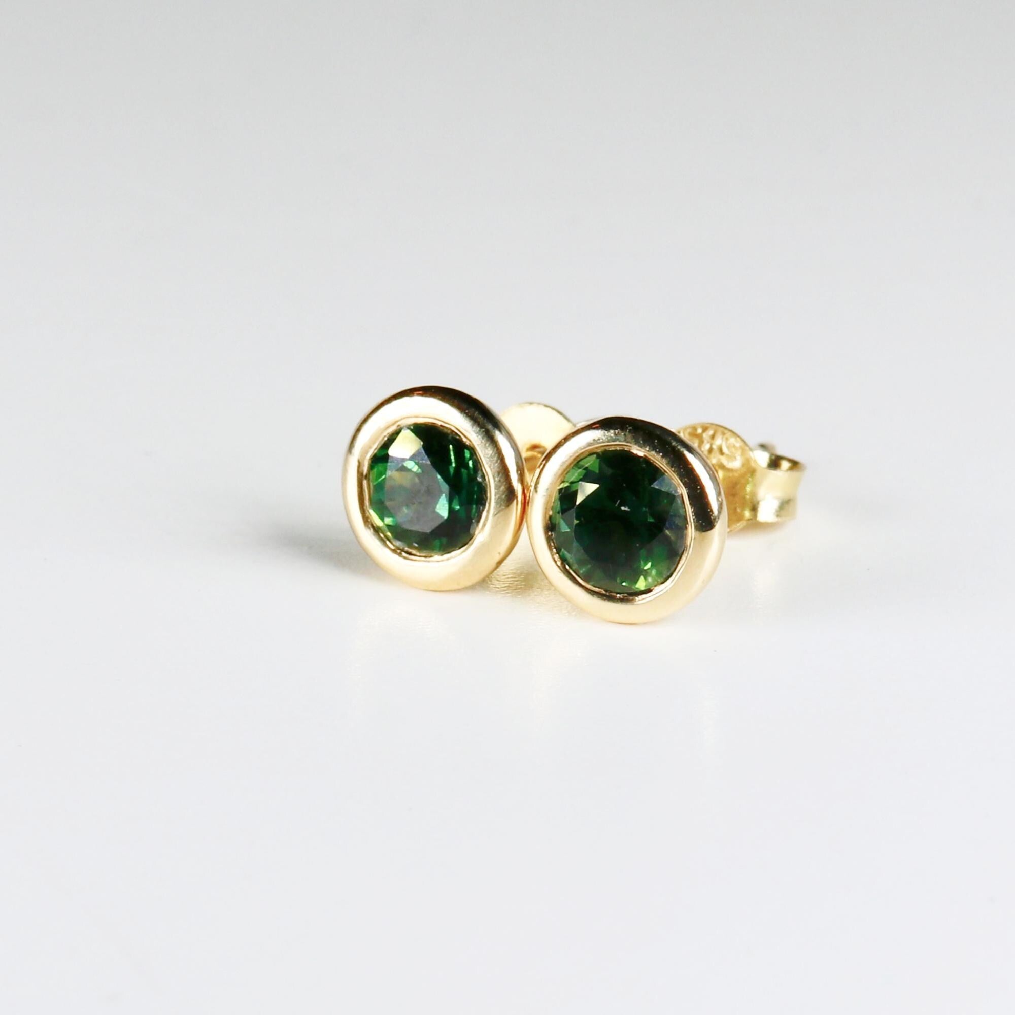 Green Sapphire Martini Bezel Earrings 14k Solid Gold, Bridal Sapphire Studs, Minimalist Wedding Jewelry, Anniversary Gift for Wife