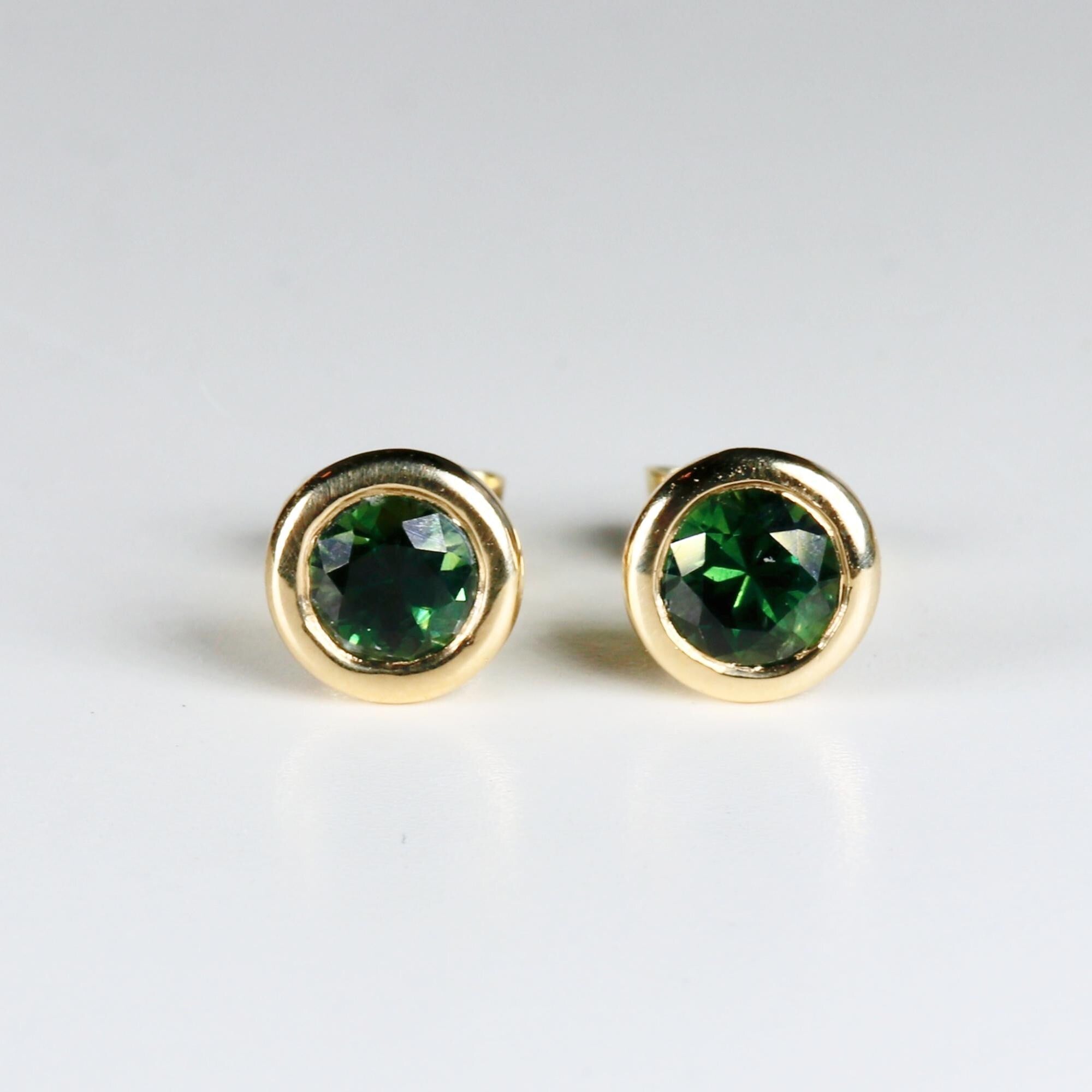 Green Sapphire Martini Bezel Earrings 14k Solid Gold, Bridal Sapphire Studs, Minimalist Wedding Jewelry, Anniversary Gift for Wife