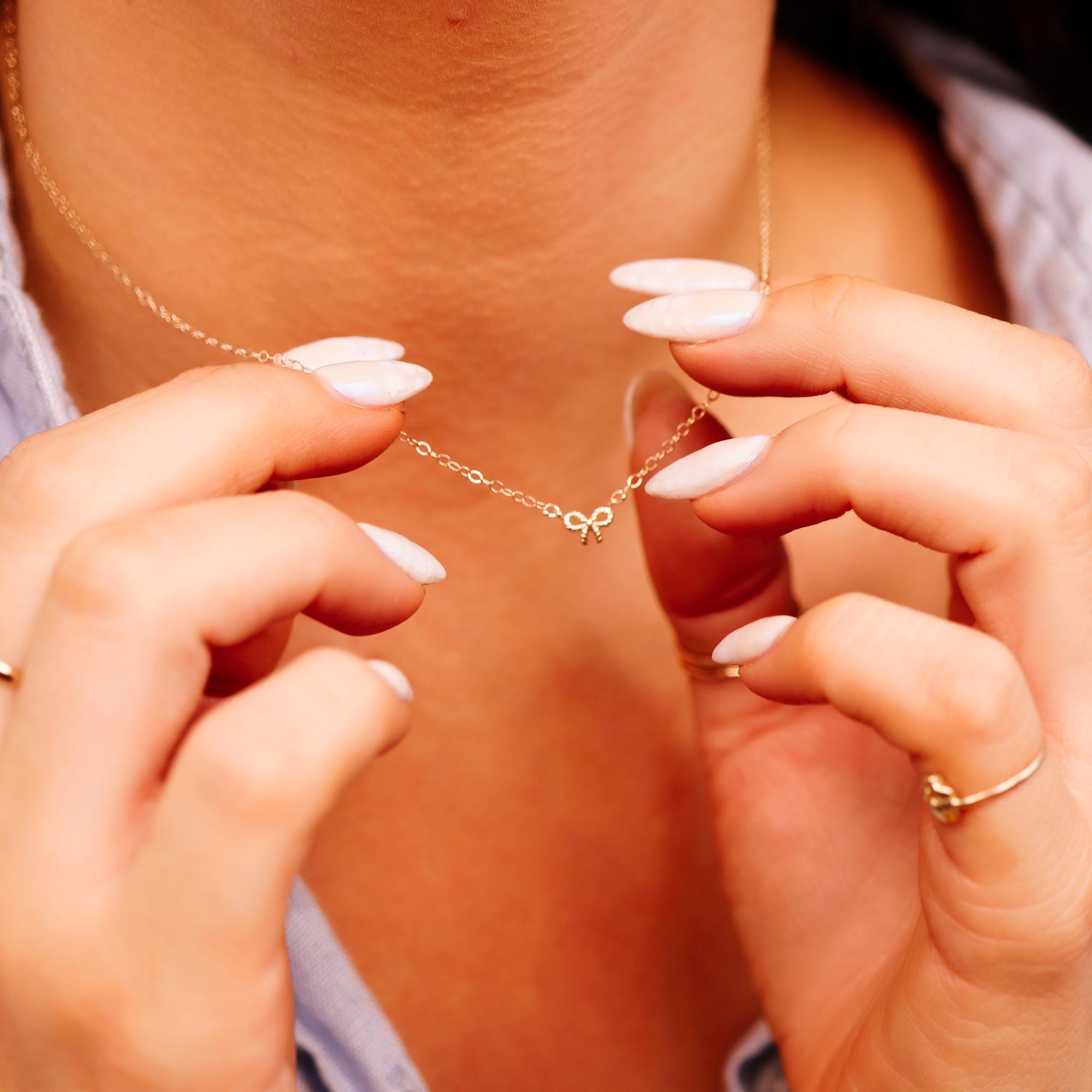 Tiny Bow Necklace 14k Solid Gold with Dainty Twisted Ribbon Charm