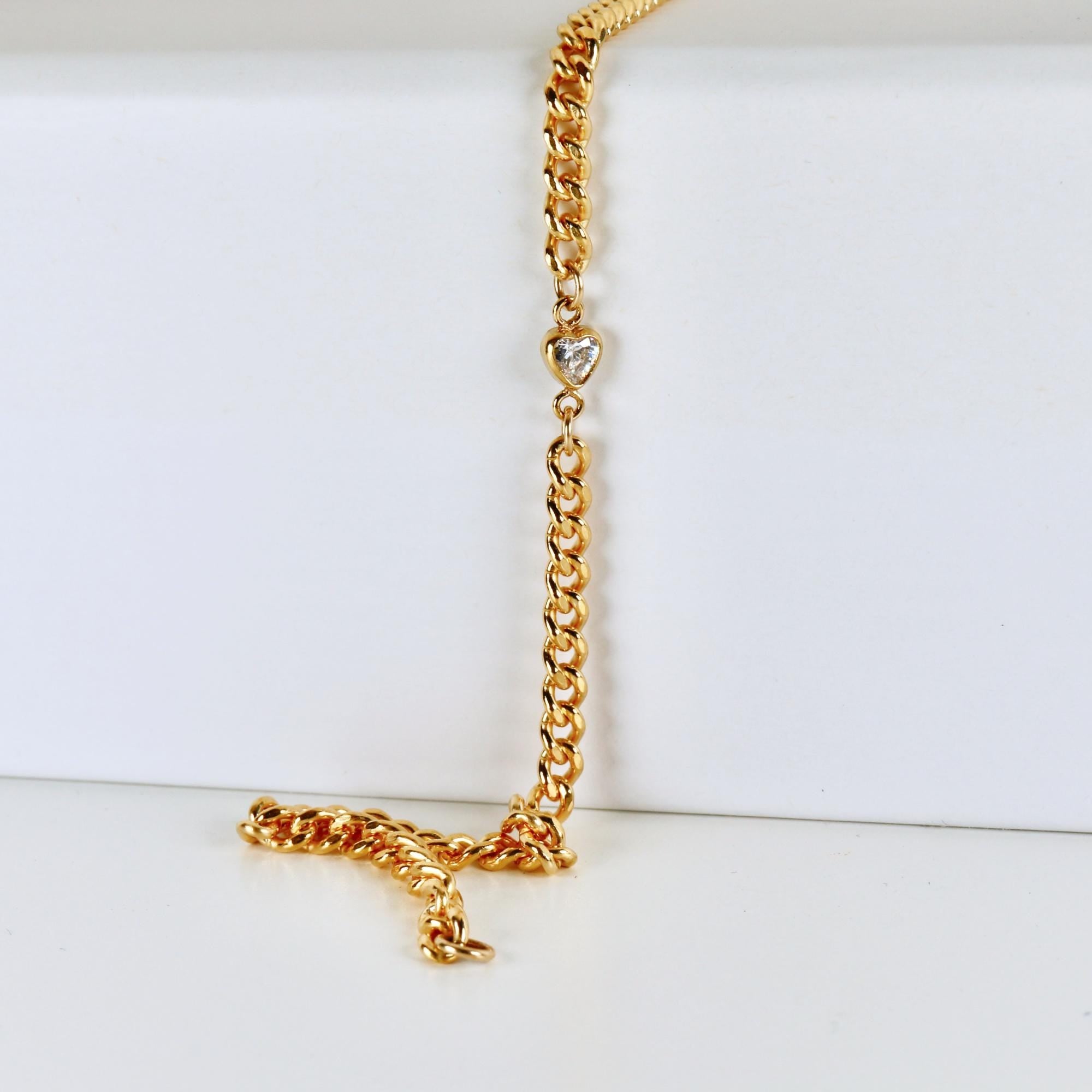 Heart CZ Bracelet Gold Filled, Dainty Gold Curb Chain Bracelet, Cubic Zirconia Heart Charm, November Jewelry Gift, Stacking Bracelet