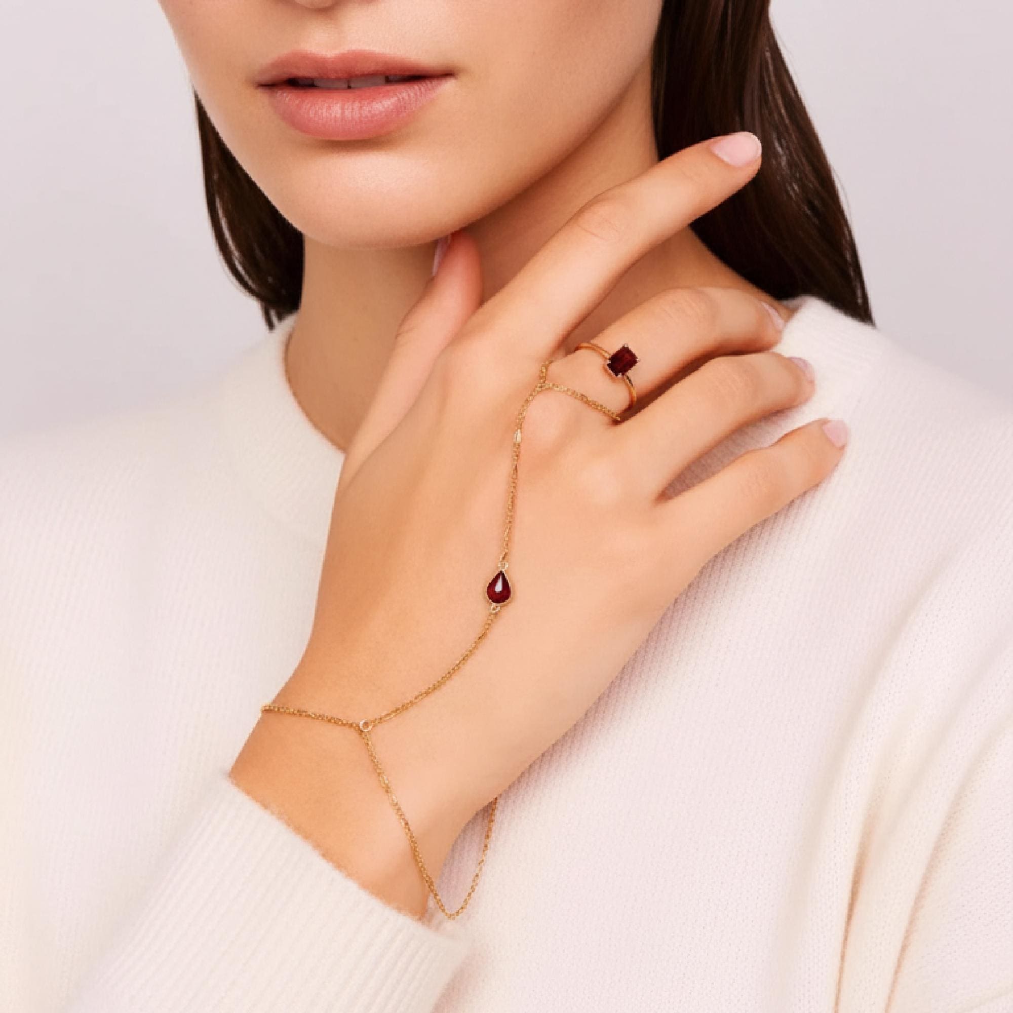 Pear Garnet Hand Chain Ring - Gold Slave Bracelet - Melt'm Jewelry