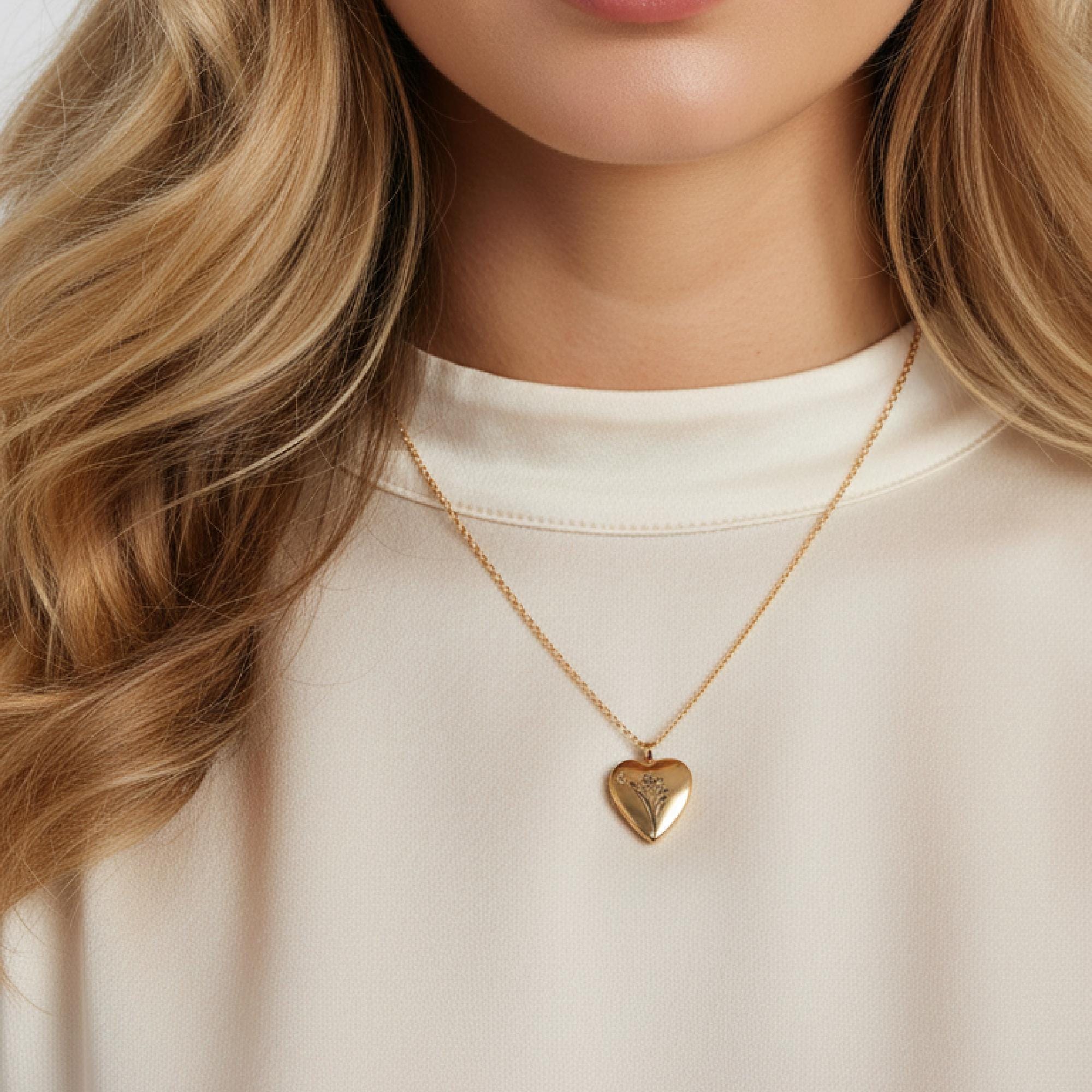 Personalized Birth Flower Heart Locket Necklace, Memorial Photo Pendant Necklace