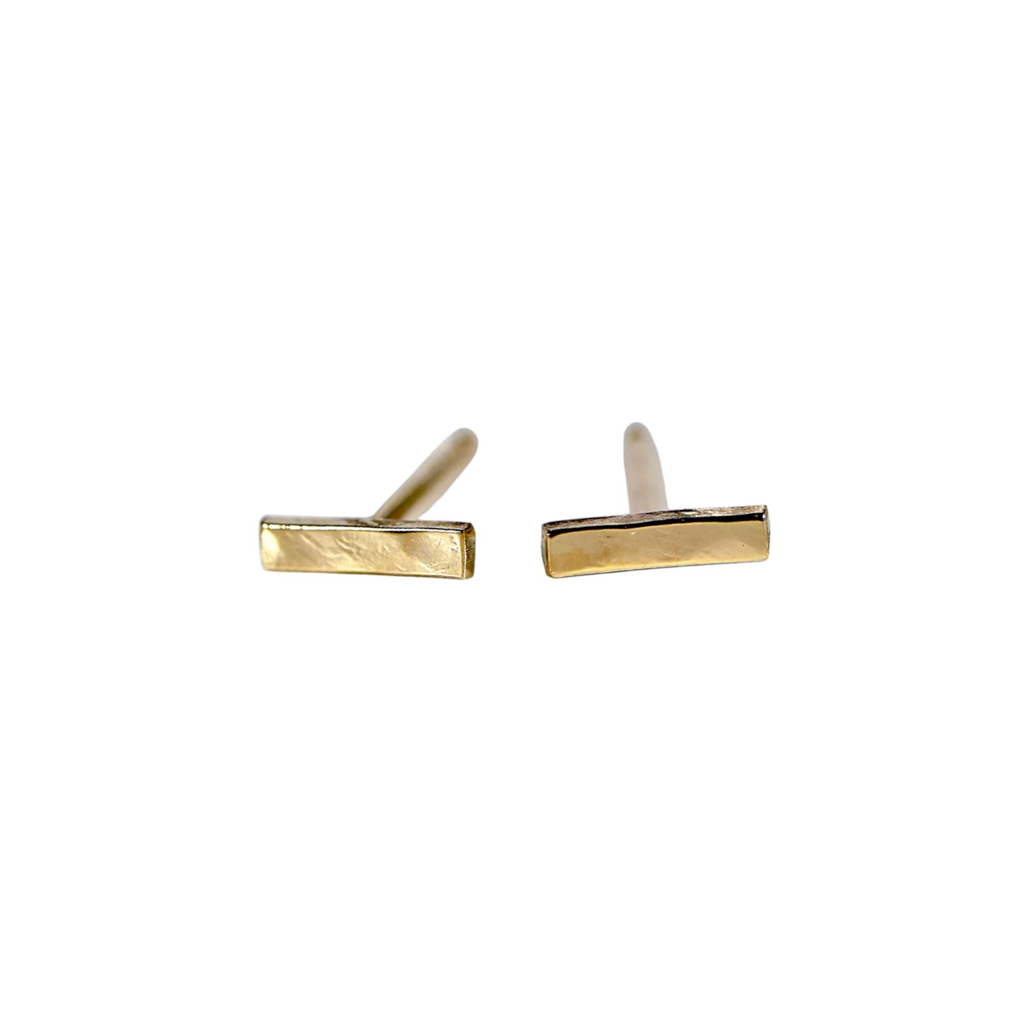 14k Solid Gold Hammered Bar Stud Earrings (SINGLE OR PAIR)