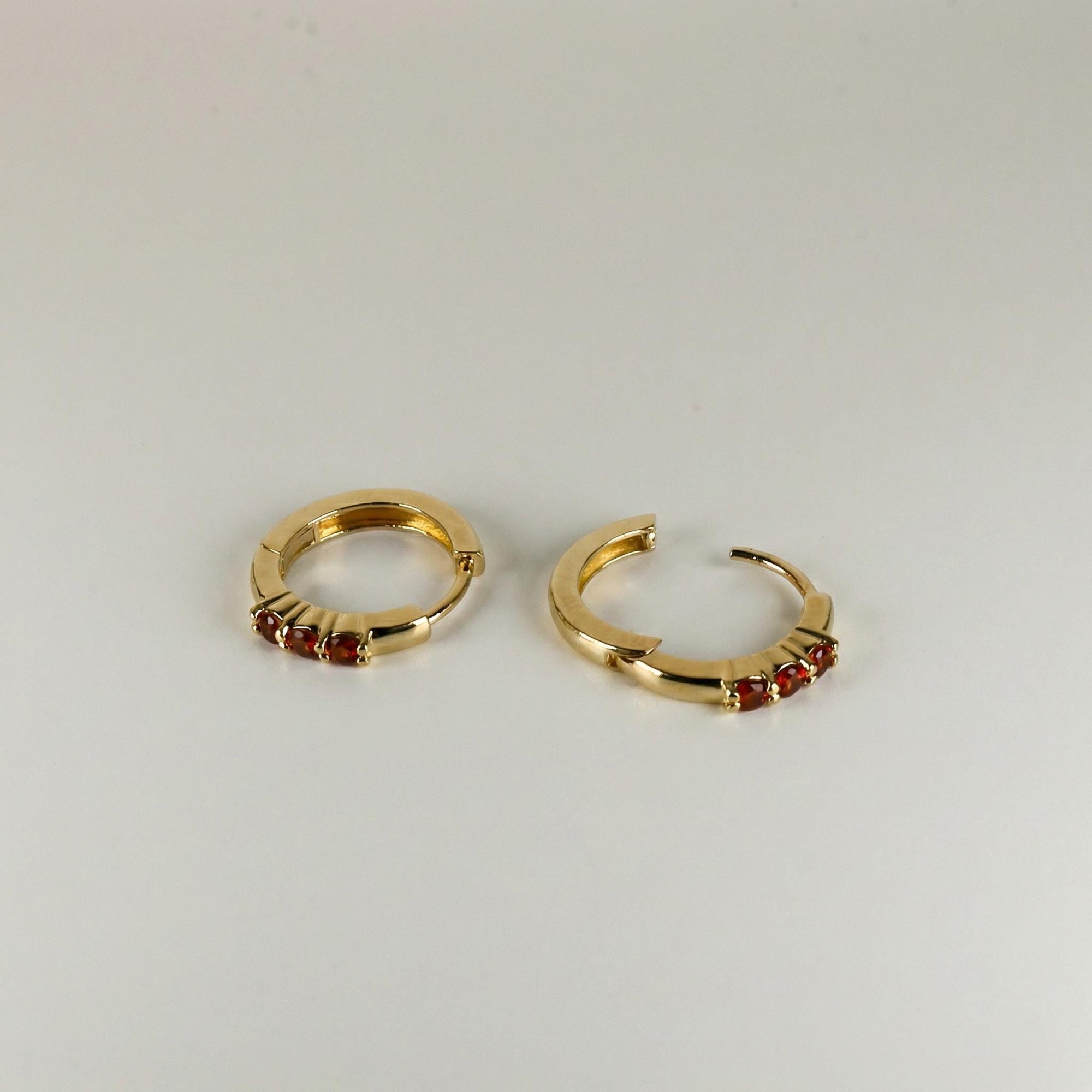 Garnet Huggie Hoop Earrings 14k Gold, Bridal Garnet Hoop Earrings - Melt'm Jewelry