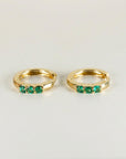 Emerald Huggie Hoop Earrings 14k Gold, 2mm Lab Grown Emerald Trio Hoops - Melt'm Jewelry