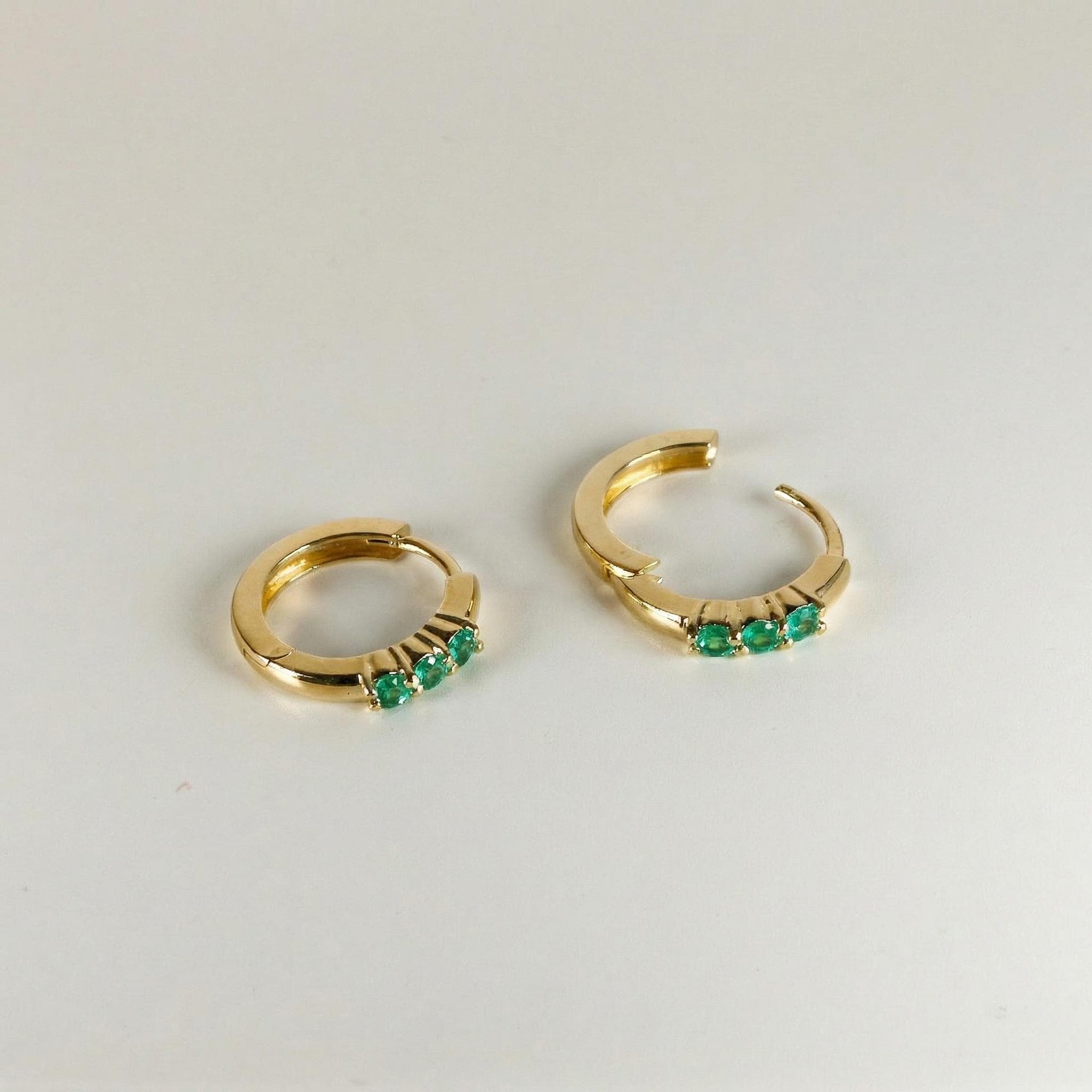 Emerald Huggie Hoop Earrings 14k Gold, 2mm Lab Grown Emerald Trio Hoops - Melt'm Jewelry