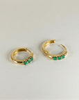 Emerald Huggie Hoop Earrings 14k Gold, 2mm Lab Grown Emerald Trio Hoops - Melt'm Jewelry