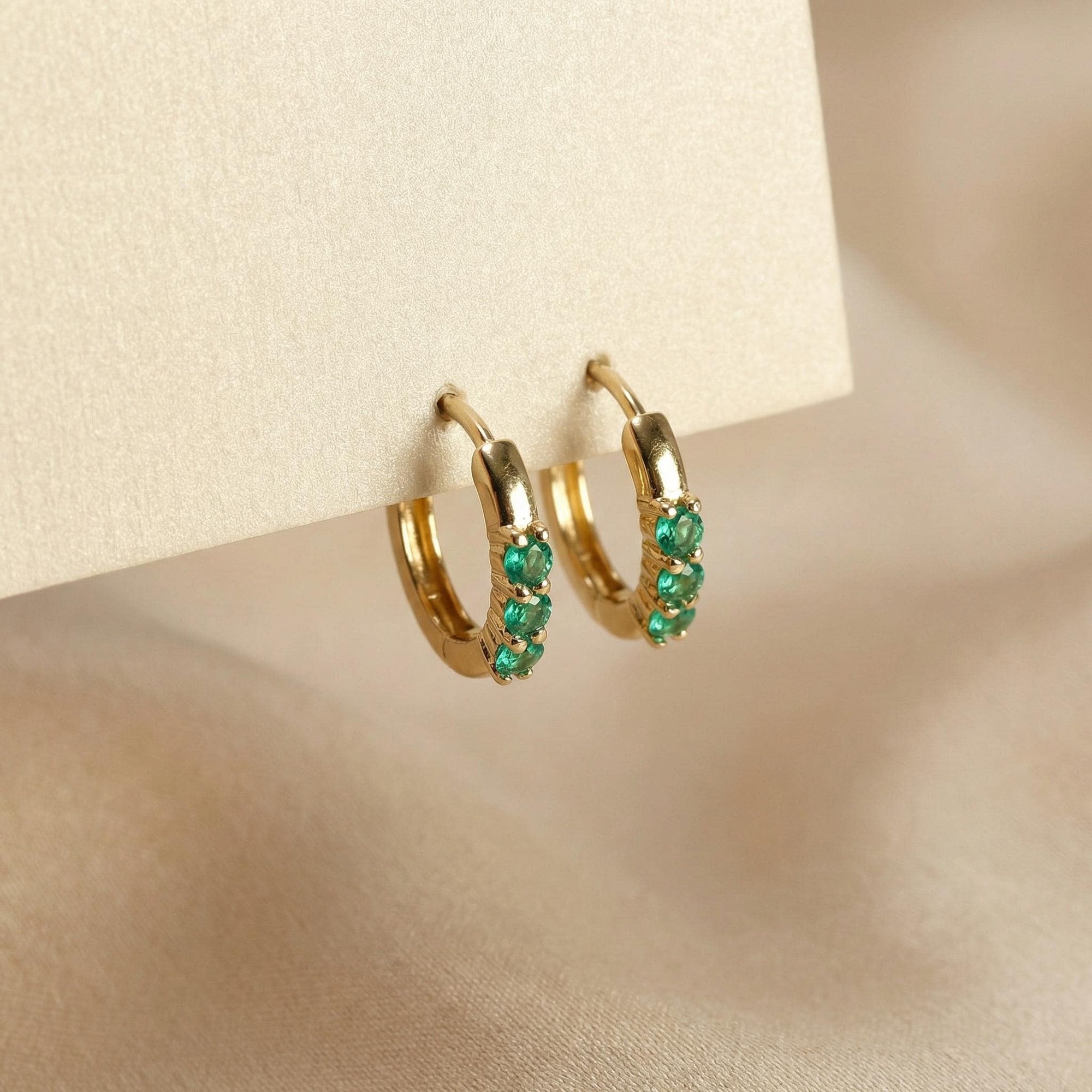 Emerald Huggie Hoop Earrings 14k Gold, 2mm Lab Grown Emerald Trio Hoops - Melt'm Jewelry