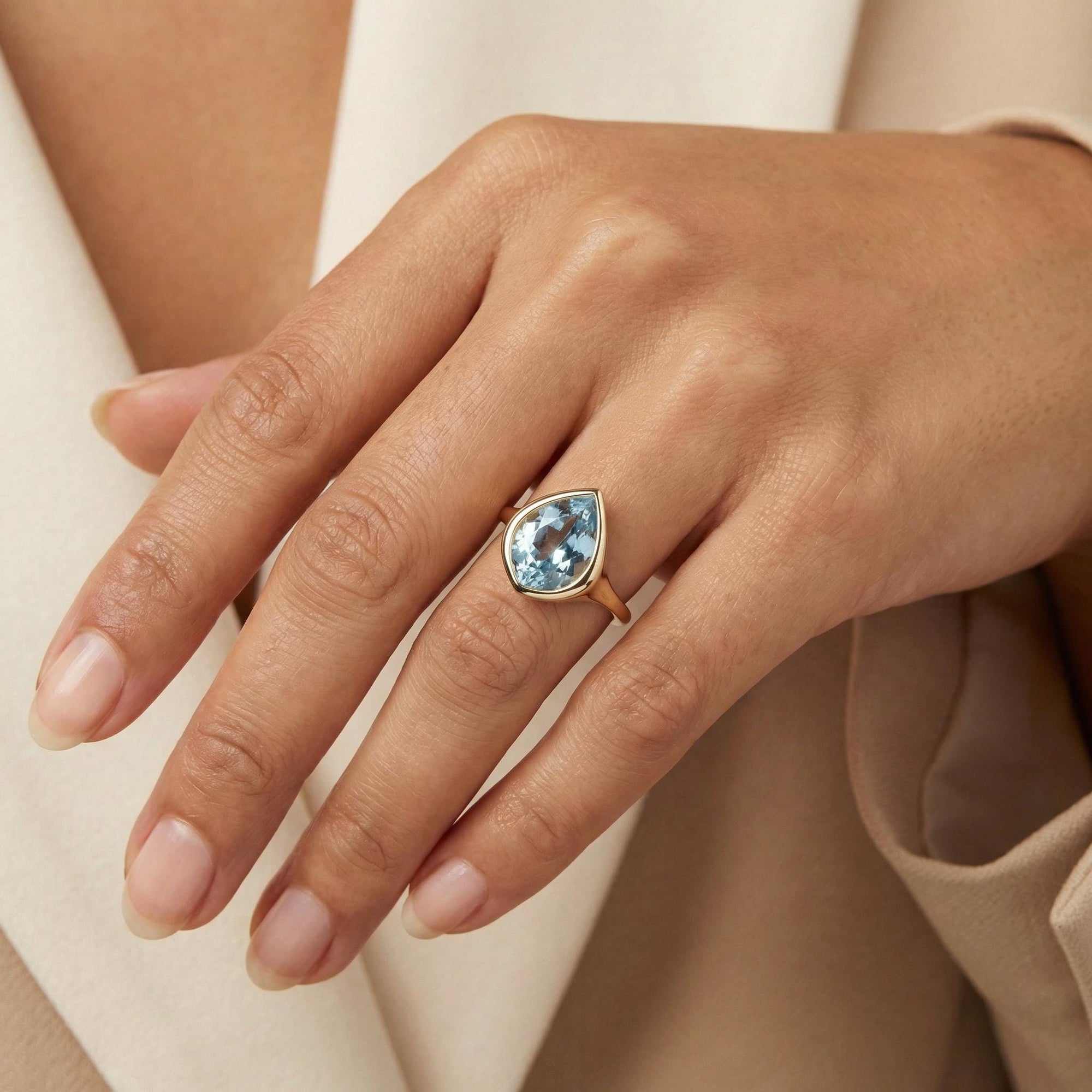 Fancy Cut Aquamarine Bezel Set Ring, Gold Statement Ring - Melt'm Jewelry