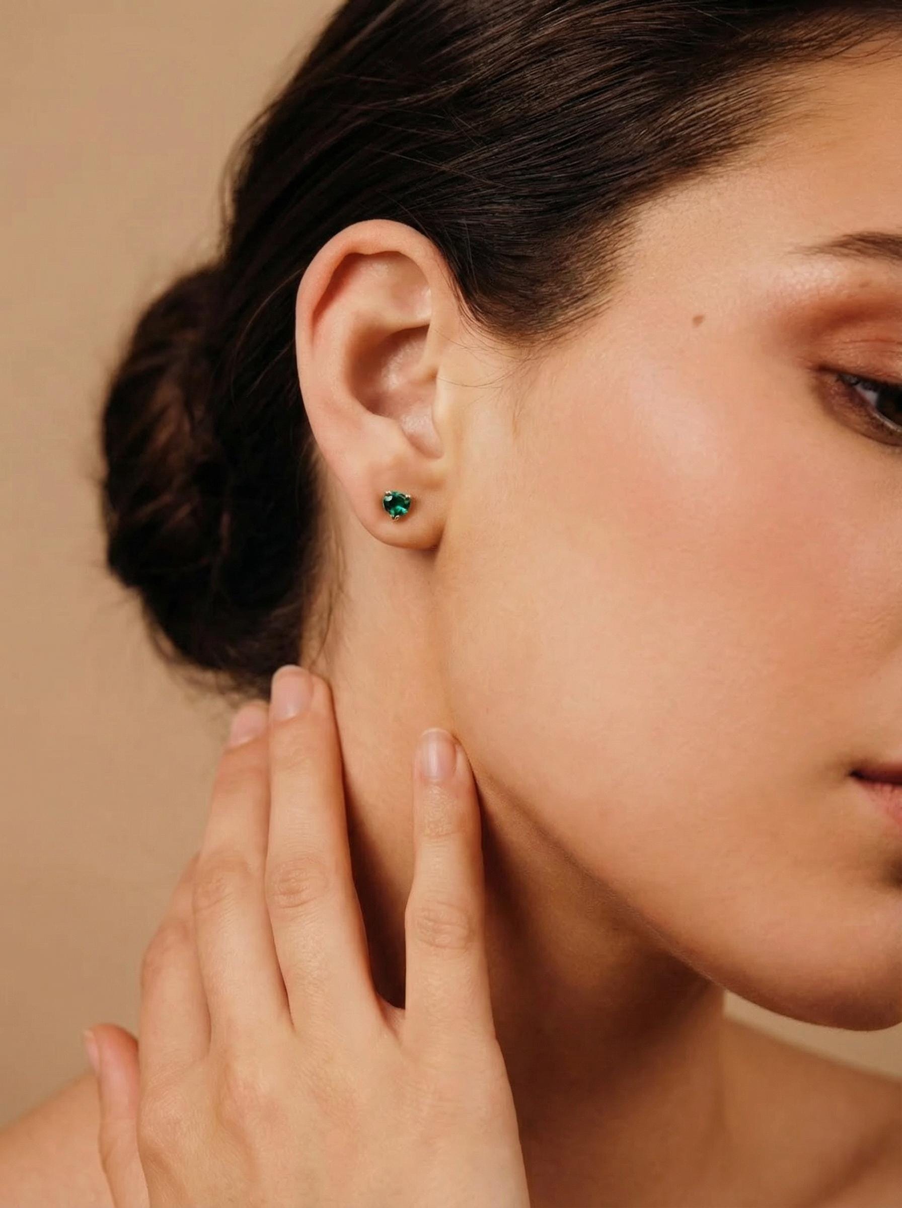 Heart Emerald Earrings 14k Solid Gold, Heart Emerald Stud Earrings - Melt'm Jewelry