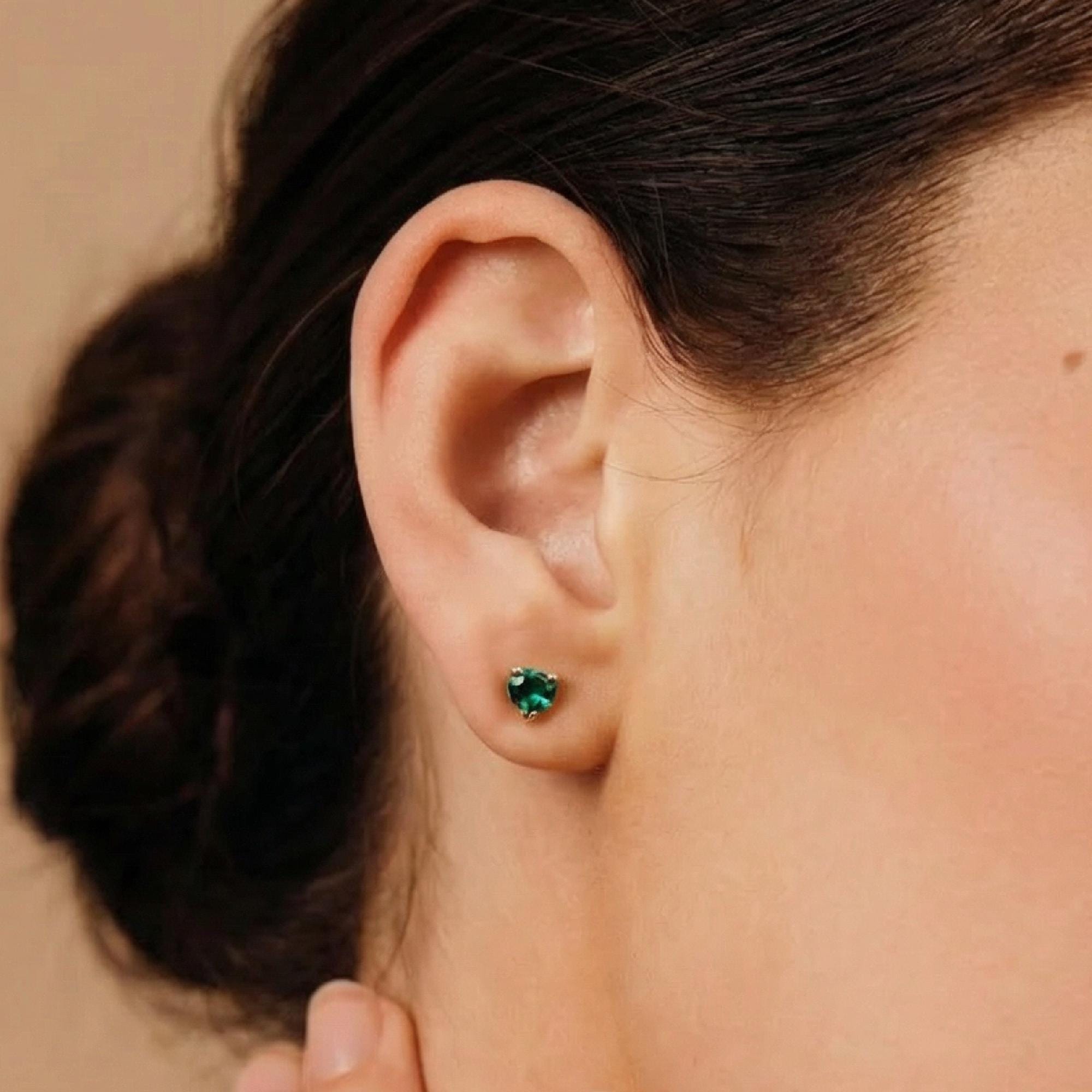 Heart Emerald Earrings 14k Solid Gold, Heart Emerald Stud Earrings - Melt'm Jewelry