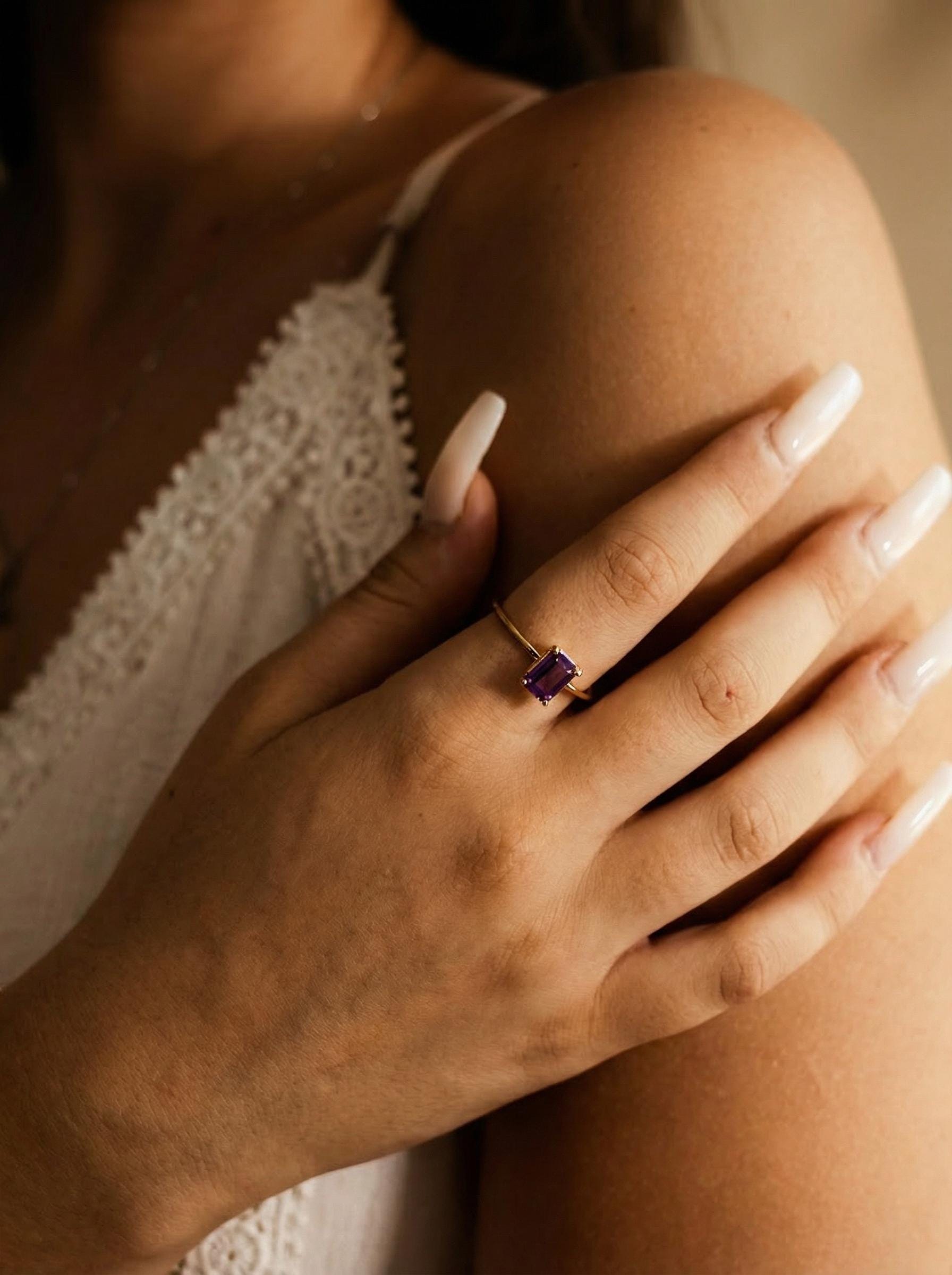 14k Gold Emerald Cut Amethyst Ring, Amethyst Engagement Ring - Melt'm Jewelry