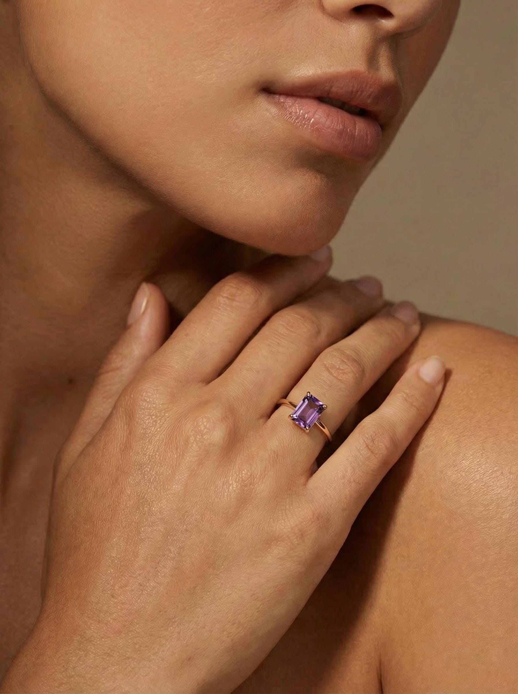 14k Gold Emerald Cut Amethyst Ring, Amethyst Engagement Ring - Melt'm Jewelry