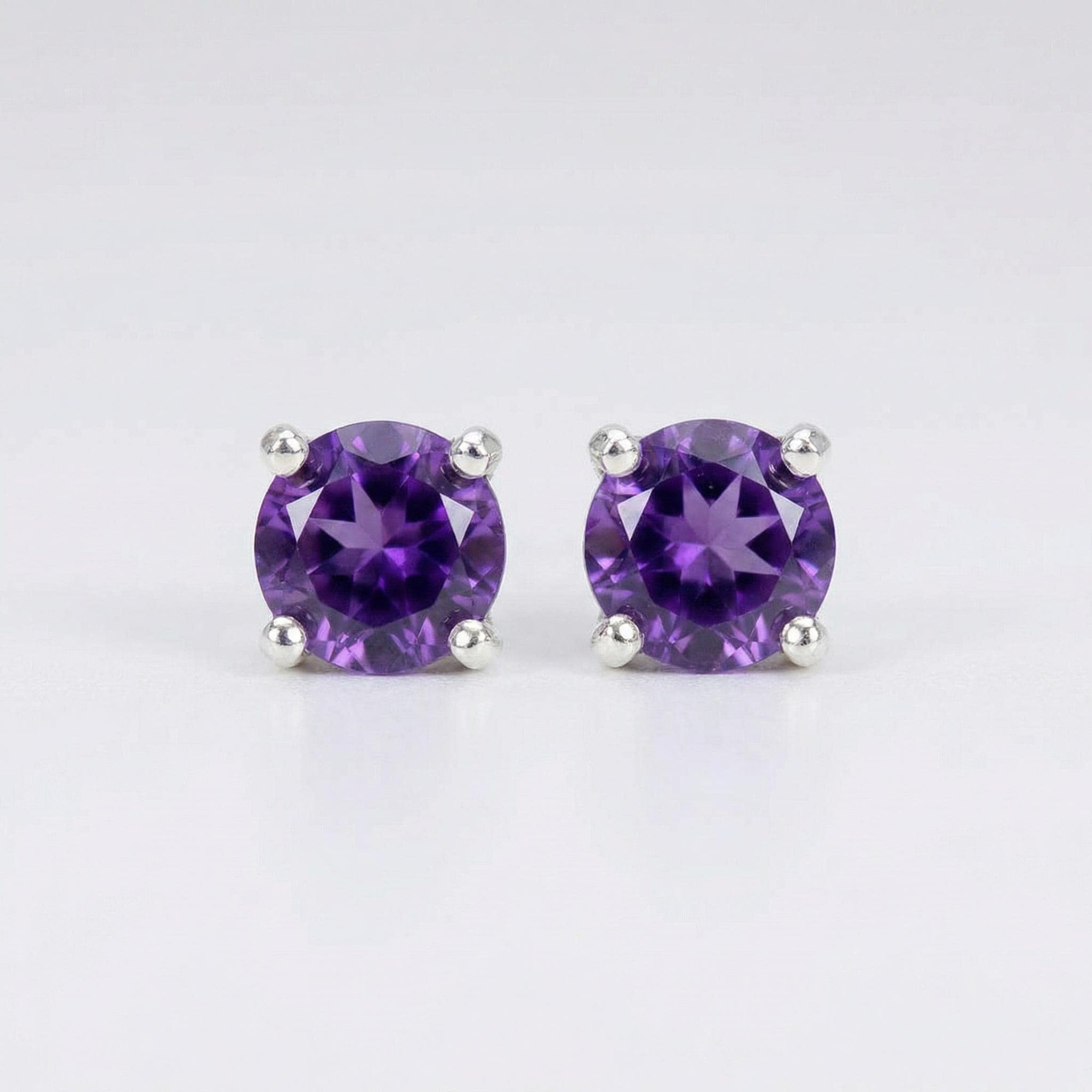 Natural amethyst earrings set in 14k white gold, minimalist purple gemstone stud earrings