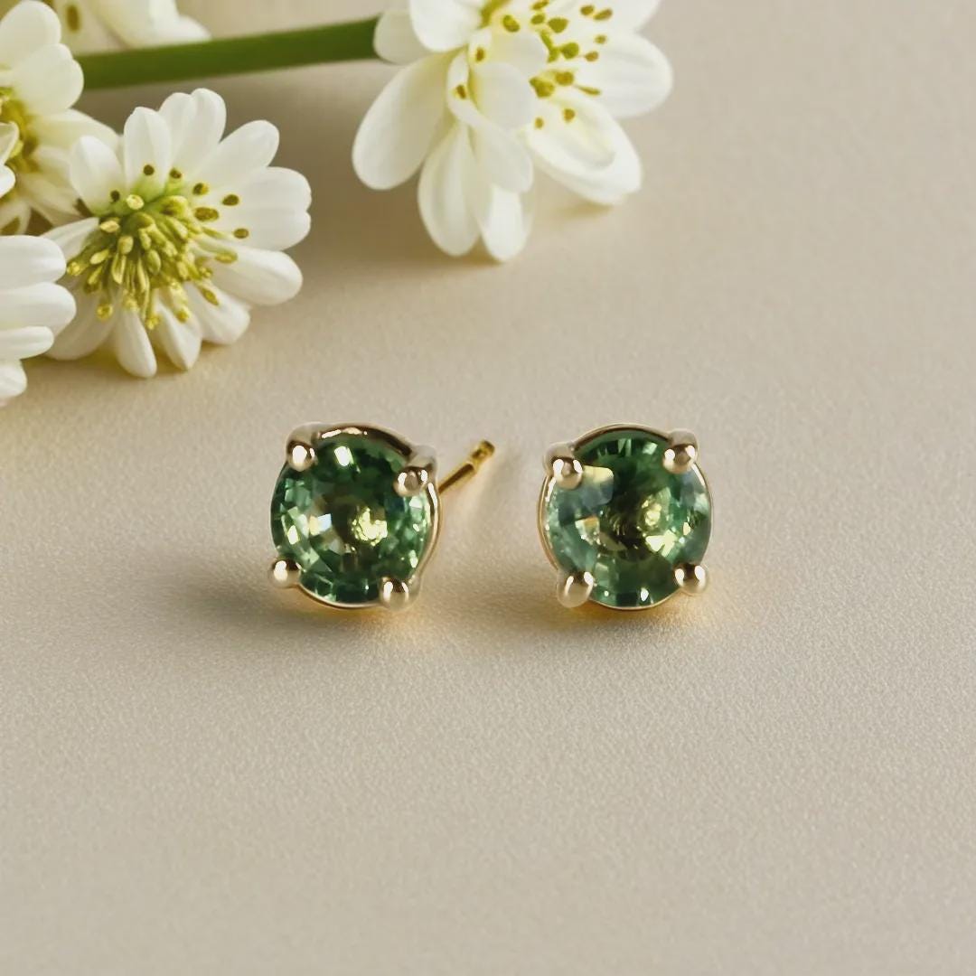 Green Sapphire Earrings 14k Solid Gold, Sapphire Bridal Earrings - Melt'm Jewelry