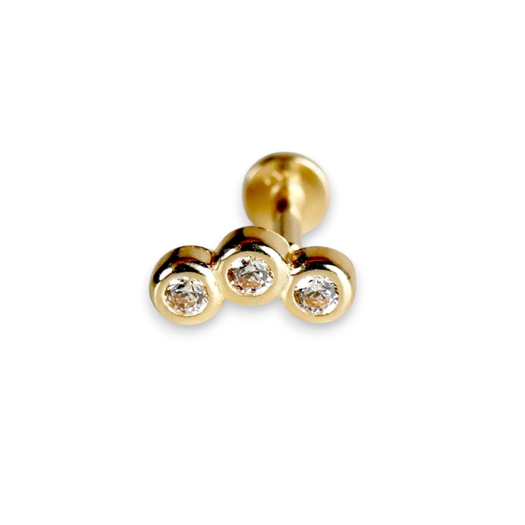 Three Bezel Stone Curve Bar Ear Piercing 14k Solid Gold Flat Back (SINGLE or PAIR) - Melt'm Jewelry