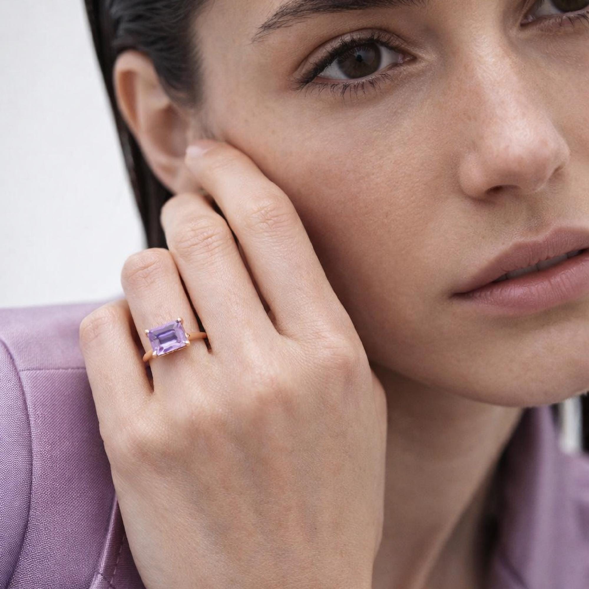 Emerald Cut Amethyst Ring in 14k Rose Gold or Yellow Gold - Melt'm Jewelry