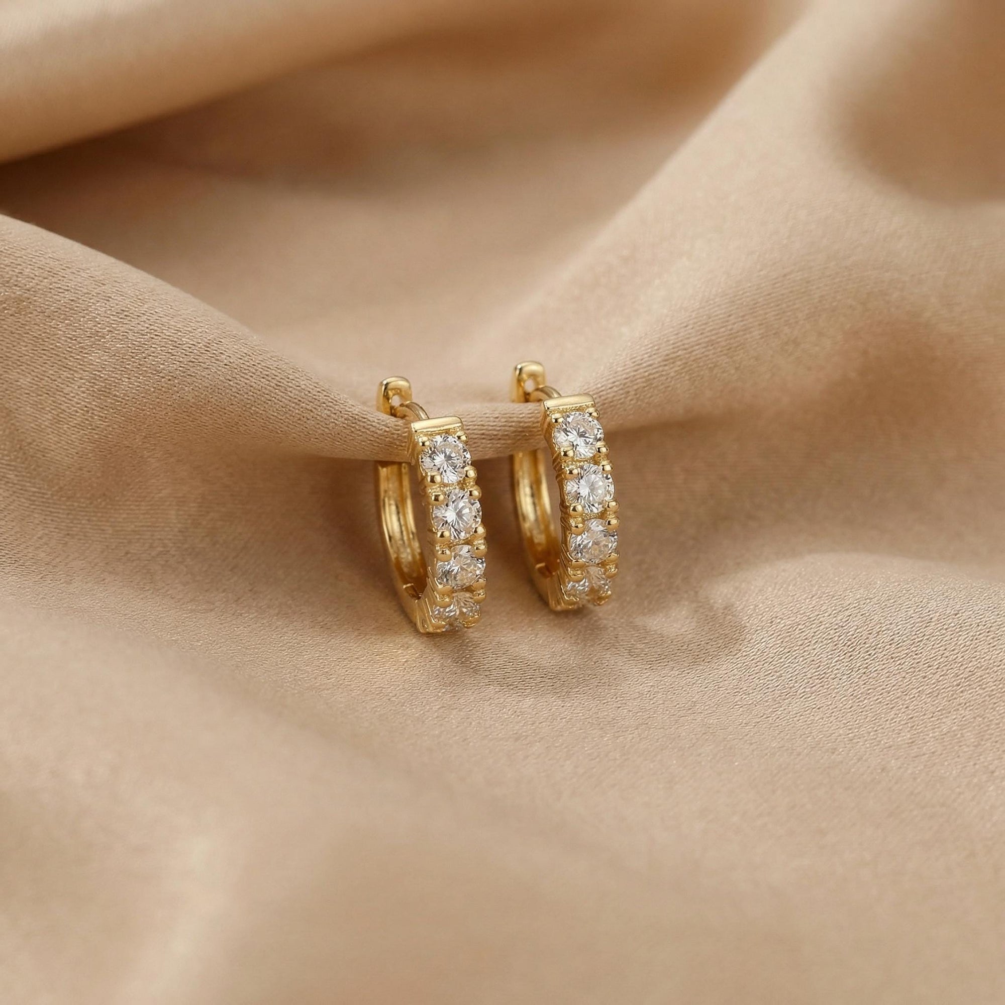 Chunky diamond huggie earrings in solid 14k gold with natural GH SI diamonds
