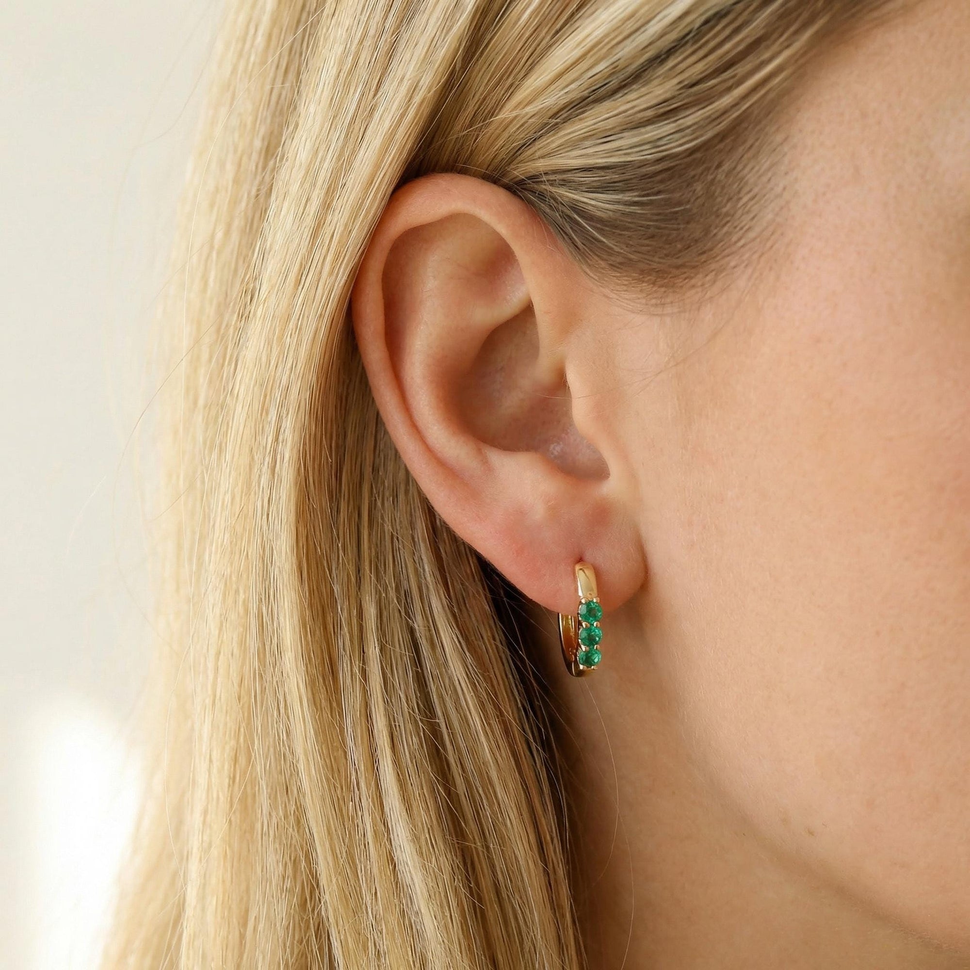 Emerald Huggie Hoop Earrings 14k Gold, 2mm Lab Grown Emerald Trio Hoops - Melt'm Jewelry