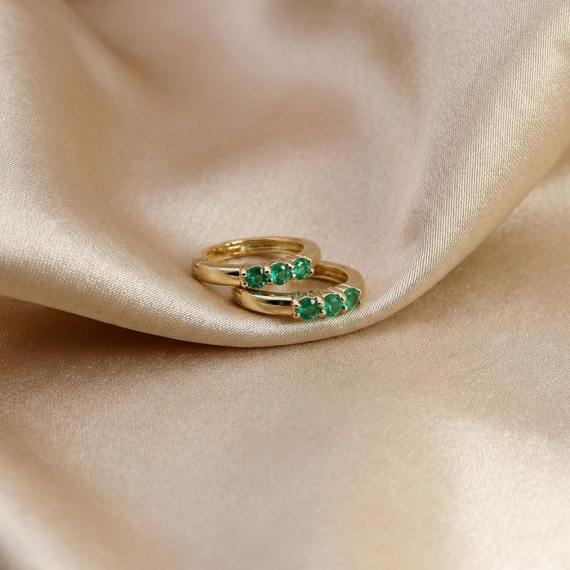 Emerald Huggie Hoop Earrings 14k Gold, 2mm Lab Grown Emerald Trio Hoops - Melt'm Jewelry